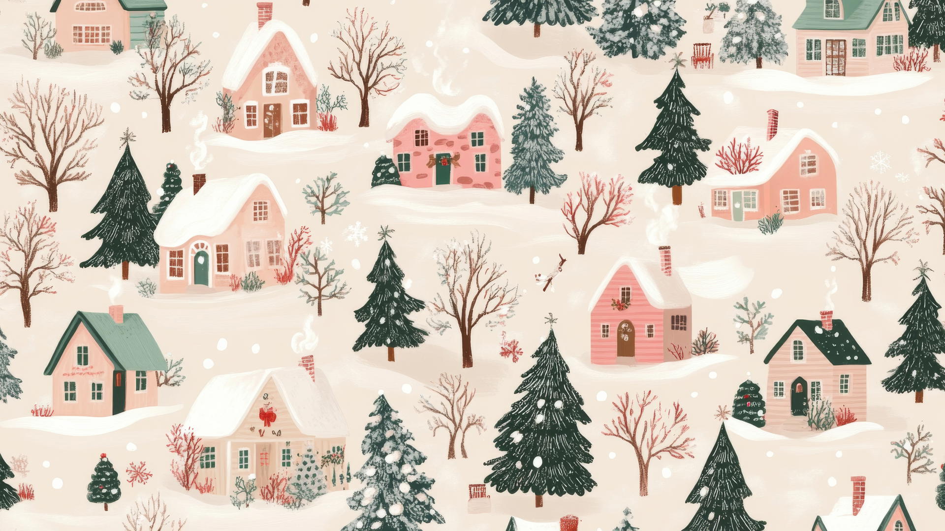 Pattern of charming Christmas village scenes with cozy cottages and snow-covered trees in soft pastel colors, preppy wallpaper christmas