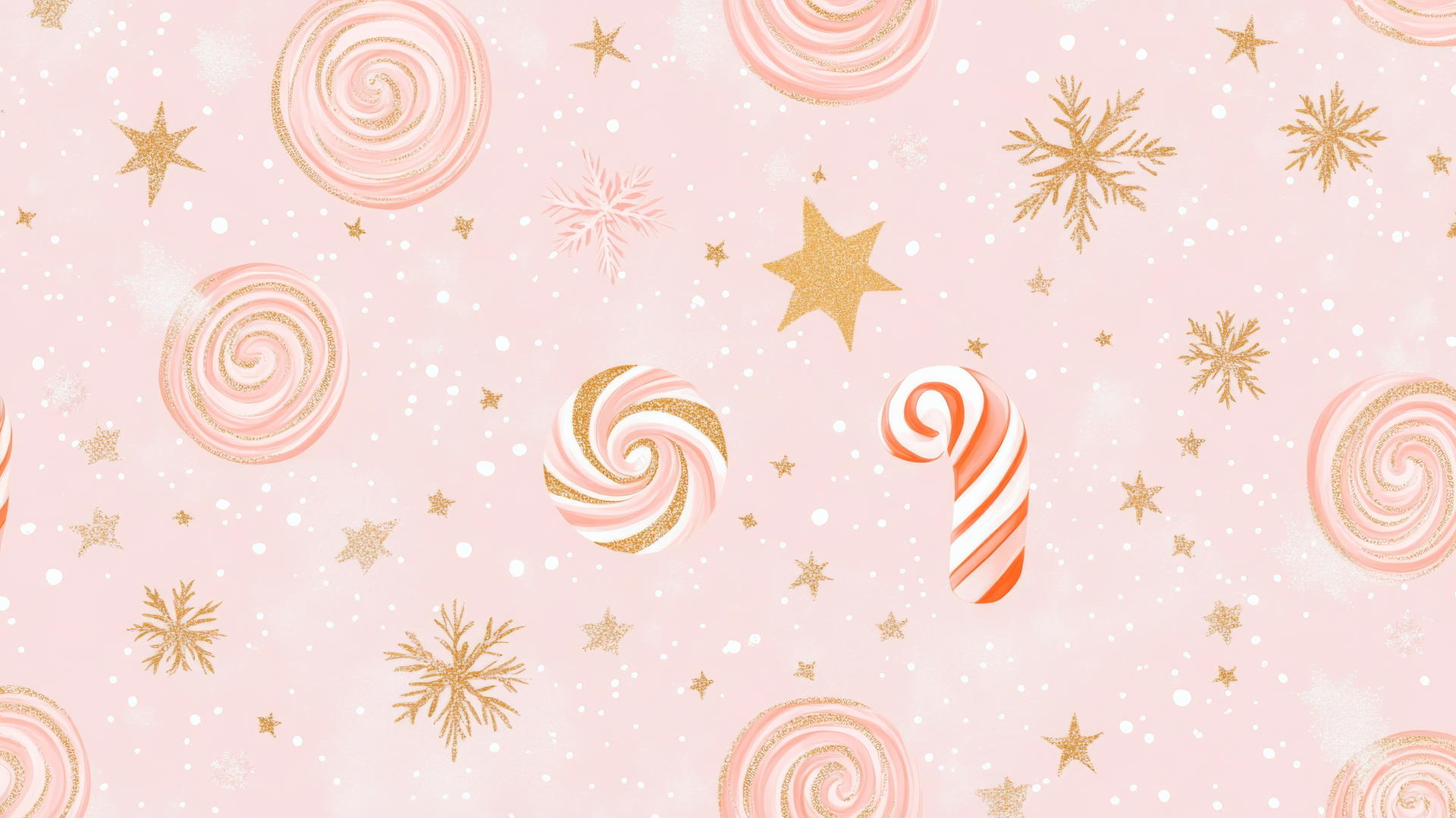 preppy wallpaper christmas with peppermint swirls, stars, gold glitter accents, and snowflakes on a soft pink background
