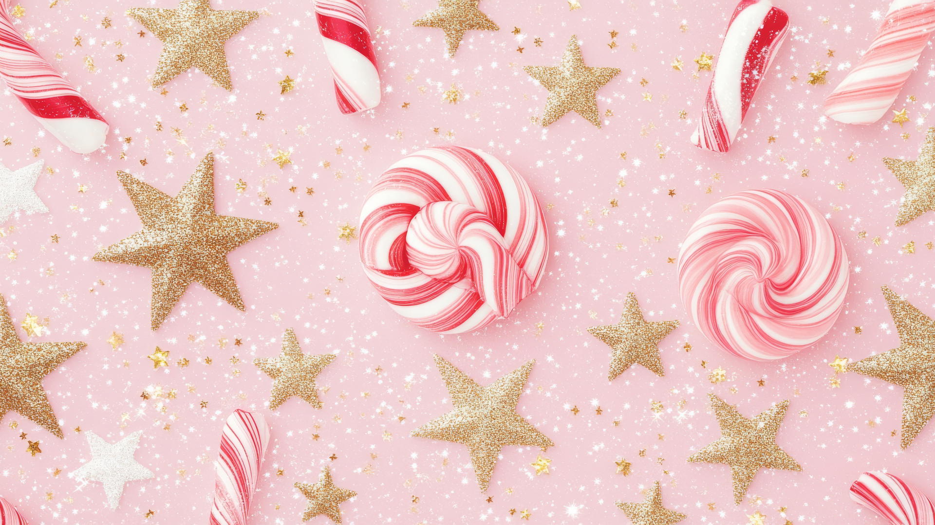 preppy wallpaper christmas with peppermint swirls, stars, gold glitter, and snowflakes on pastel pink background