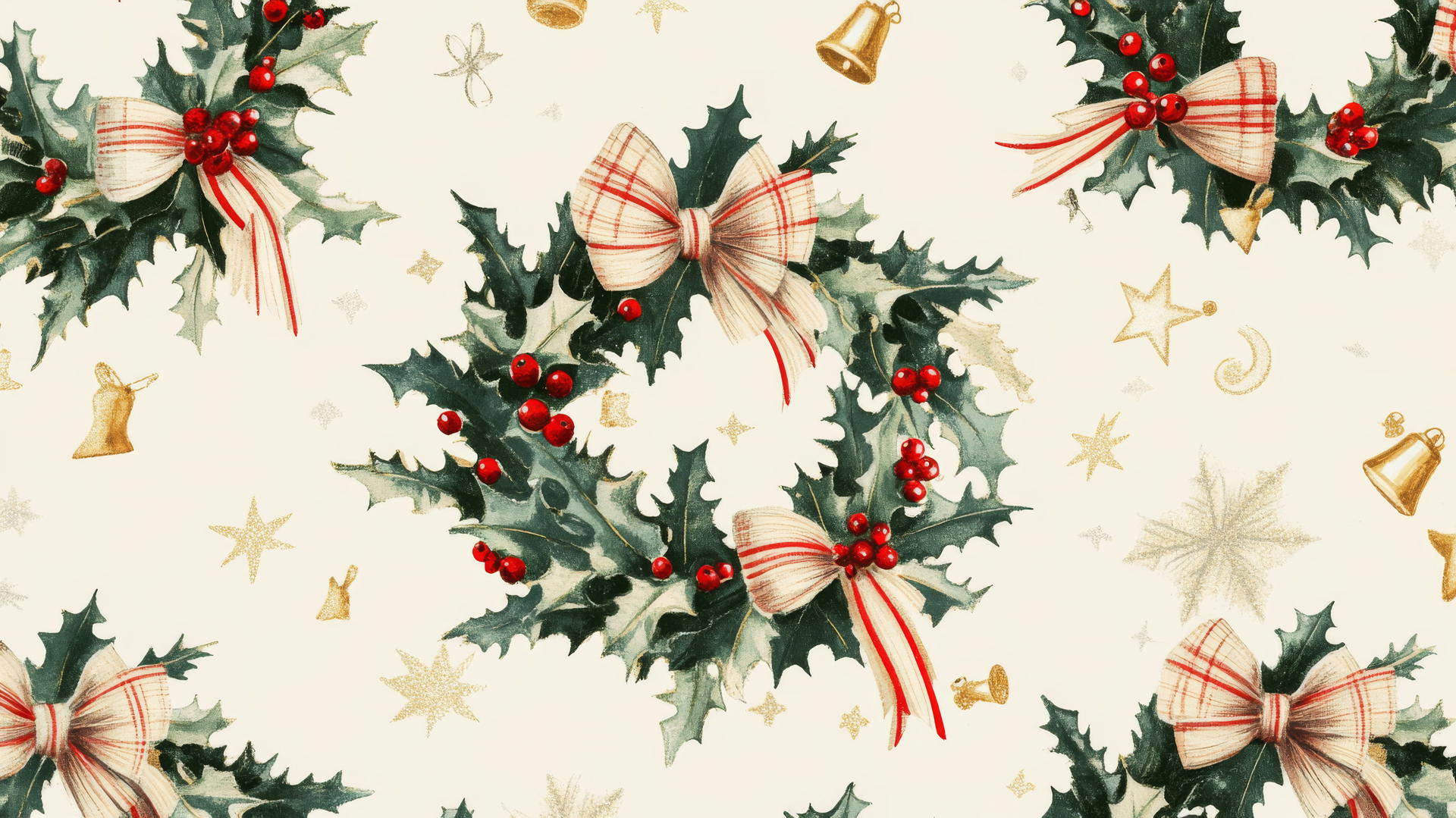 preppy wallpaper christmas with plaid bows, holly wreaths, red berries, gold stars, and bells on a cream background