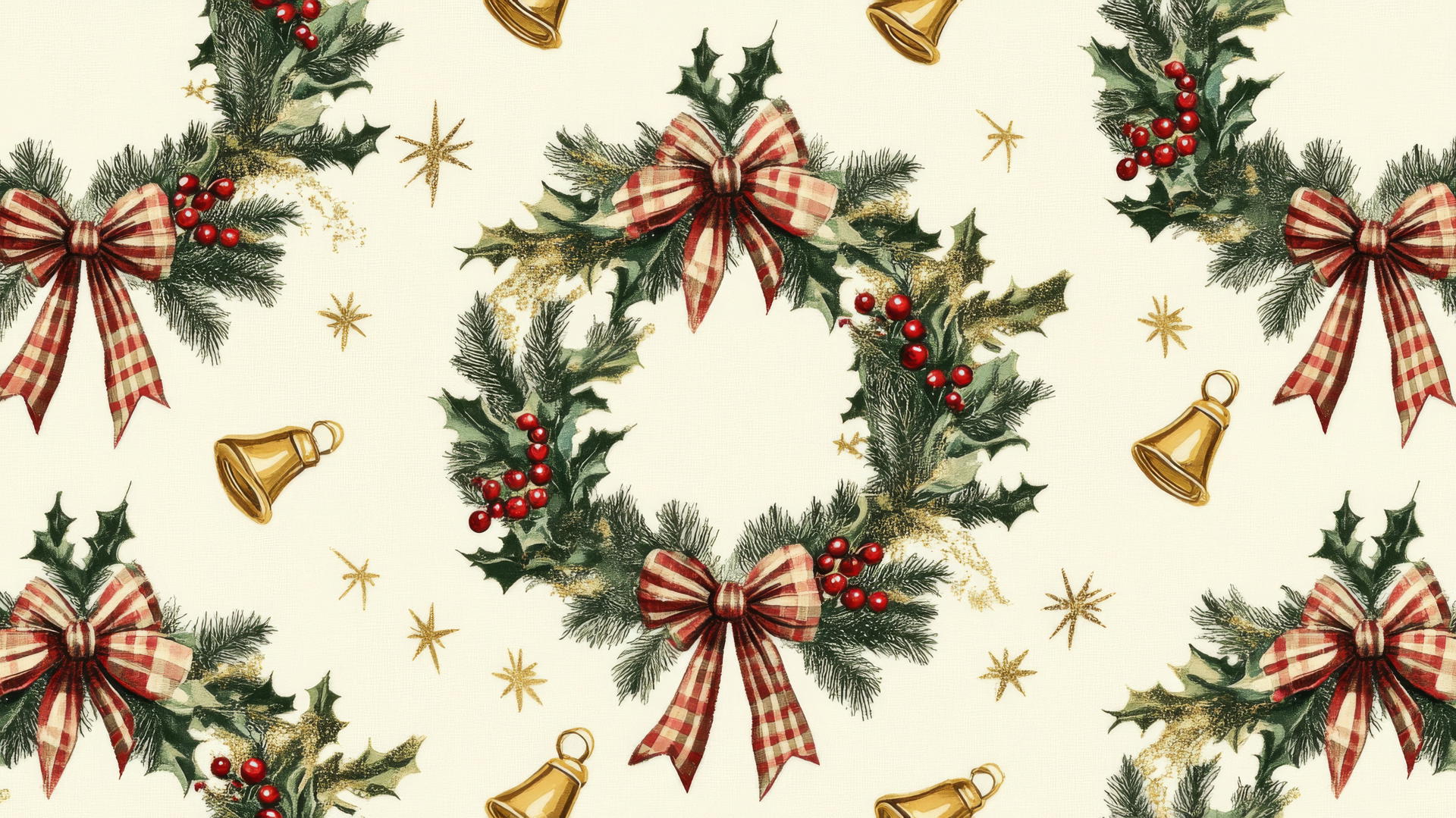 preppy wallpaper christmas with plaid bows, holly wreaths, red berries, gold stars, and bells