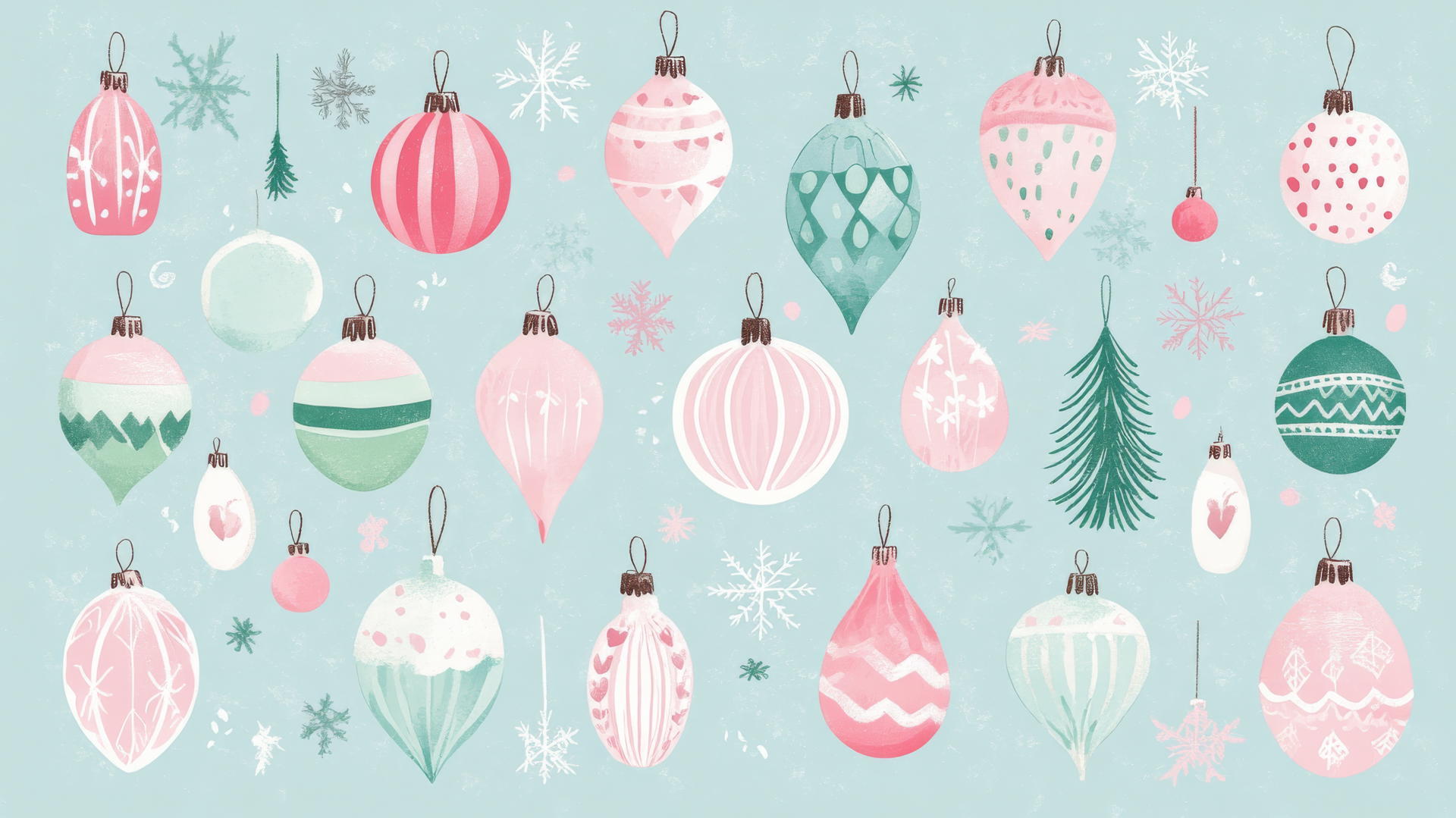 preppy wallpaper christmas with vintage-style pastel ornaments, snowflakes, and tinsel