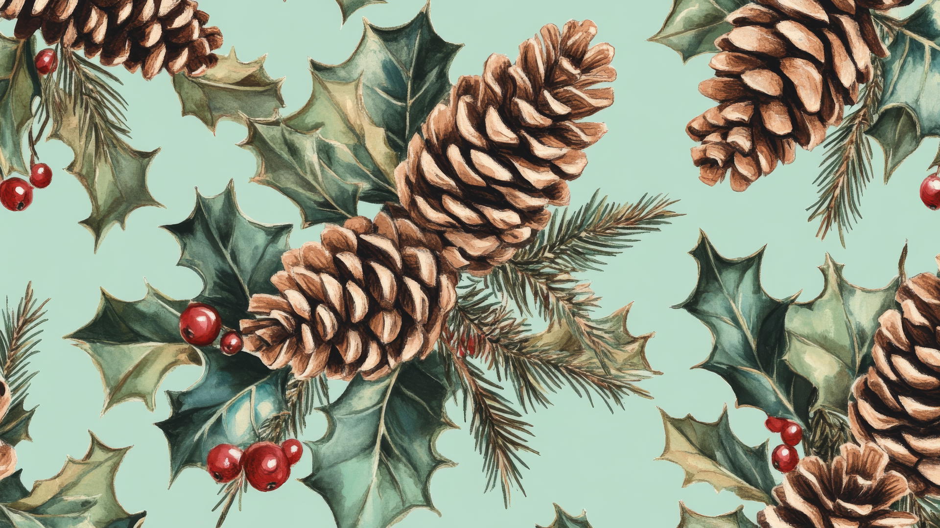 christmas wallpaper preppy with pinecones and holly leaves on pastel mint green background