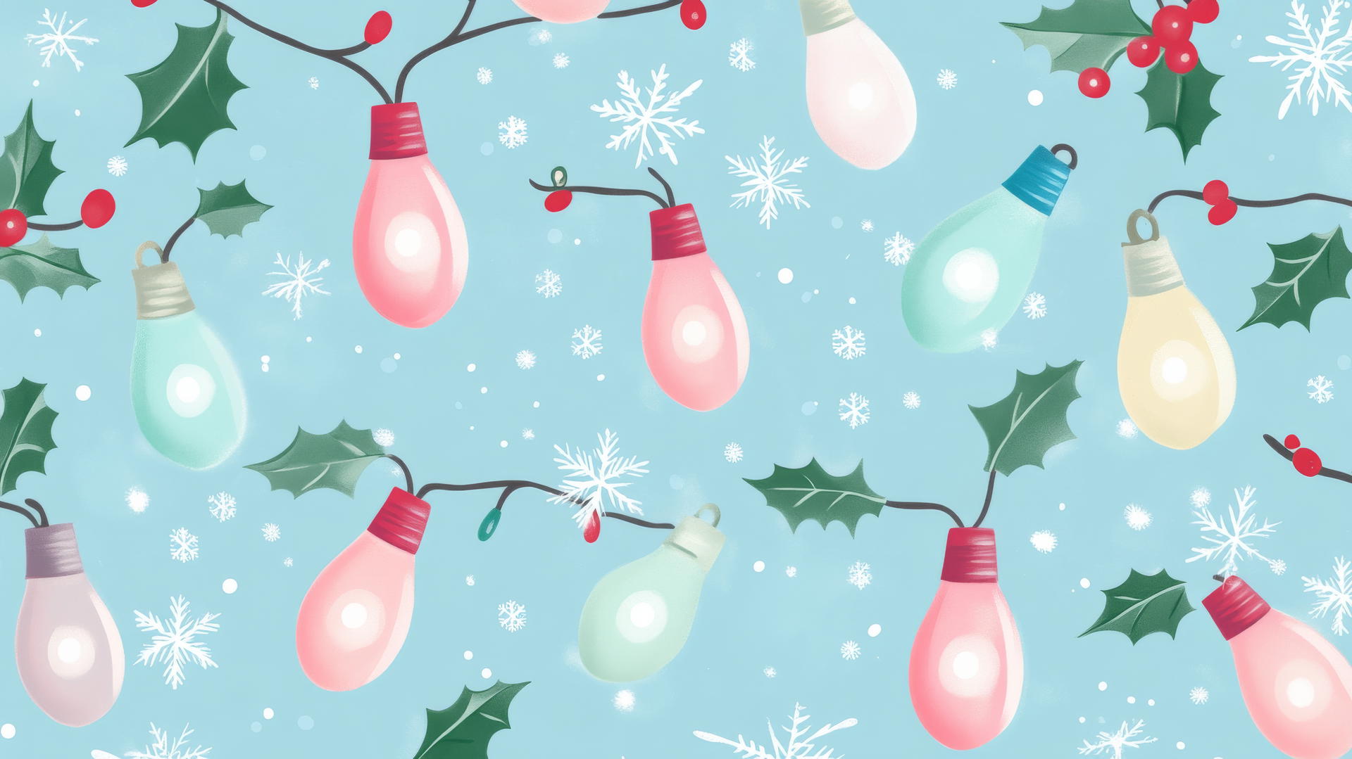Preppy Christmas wallpaper with pastel bulbs and holly