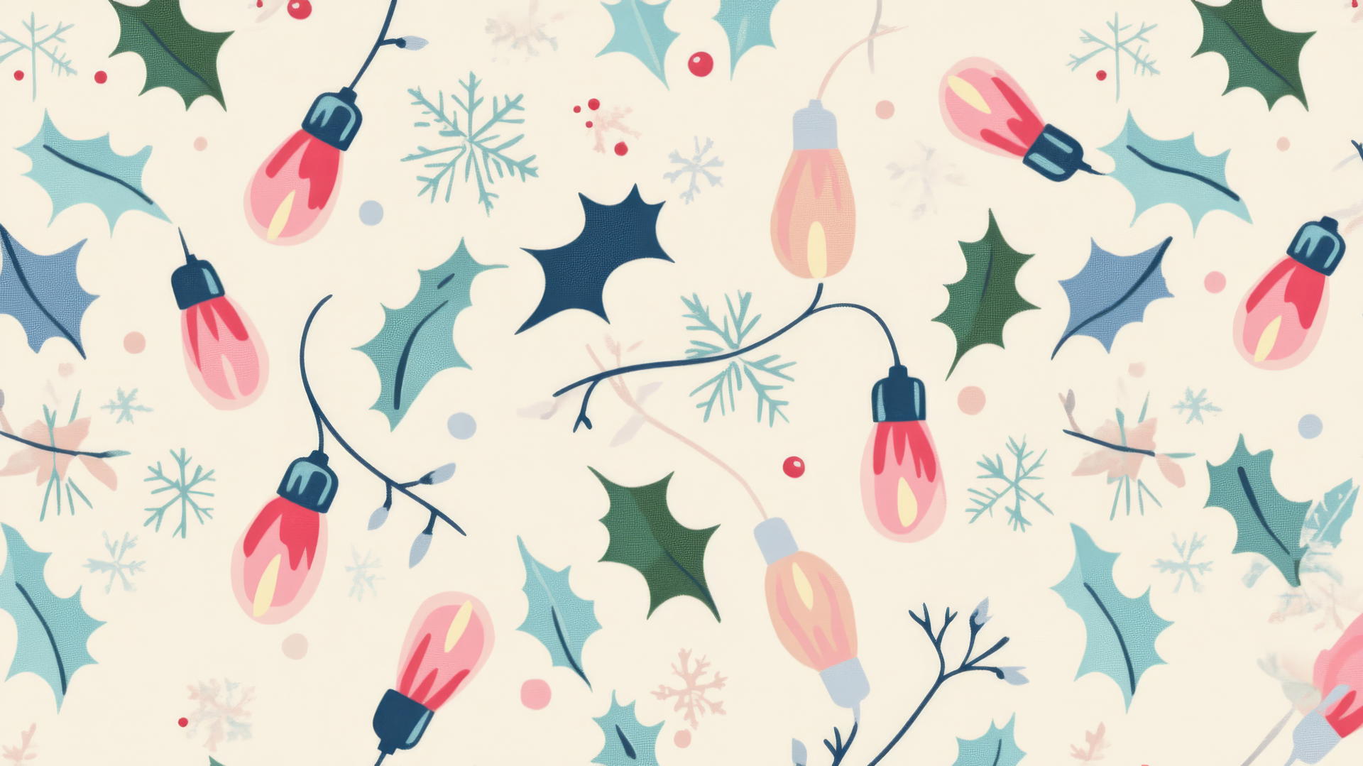 preppy Christmas wallpaper with retro light bulbs, pastel colors, holly, and snowflakes