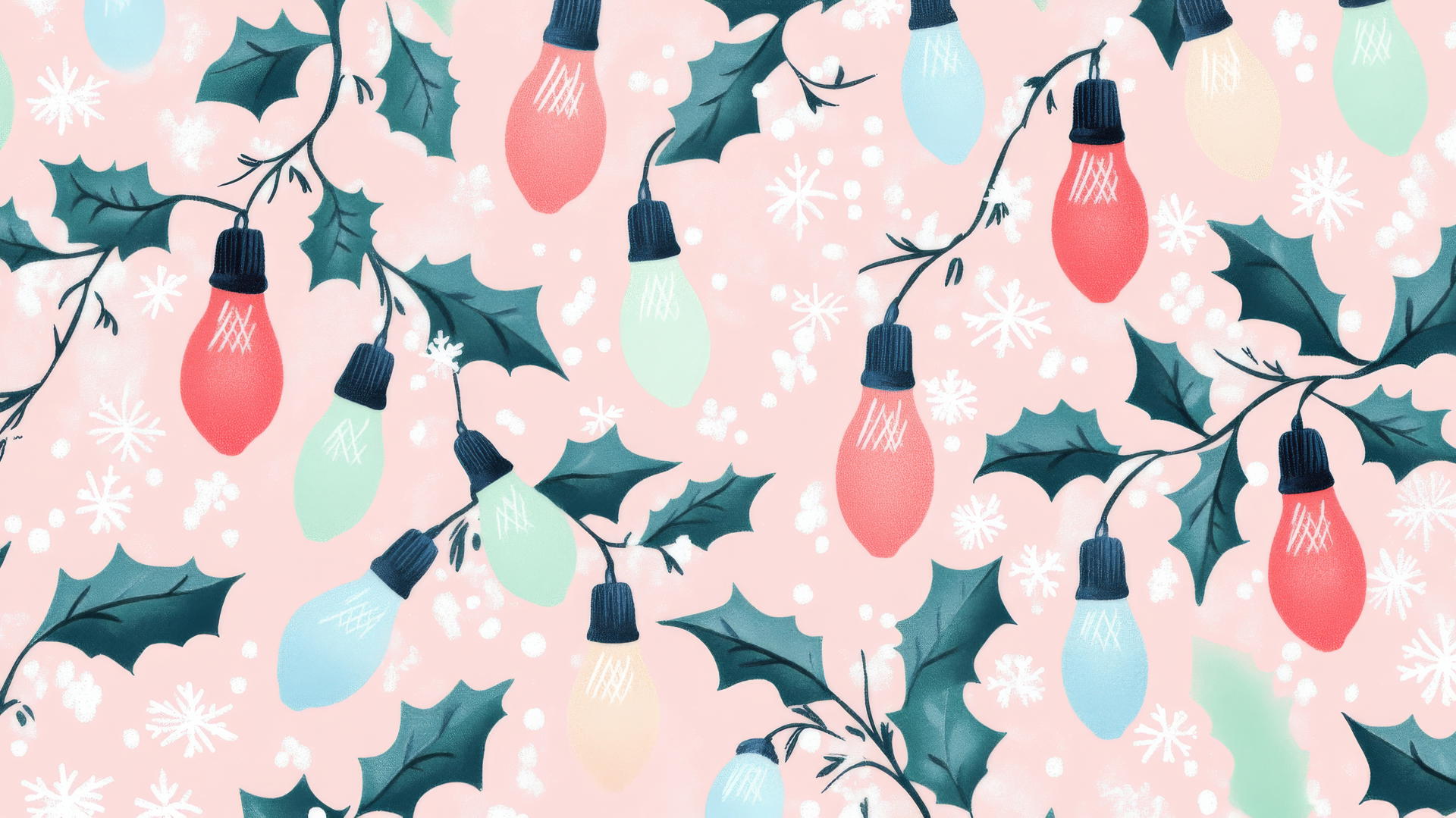 preppy Christmas wallpaper with retro-style pastel light bulbs, holly, and snowflakes