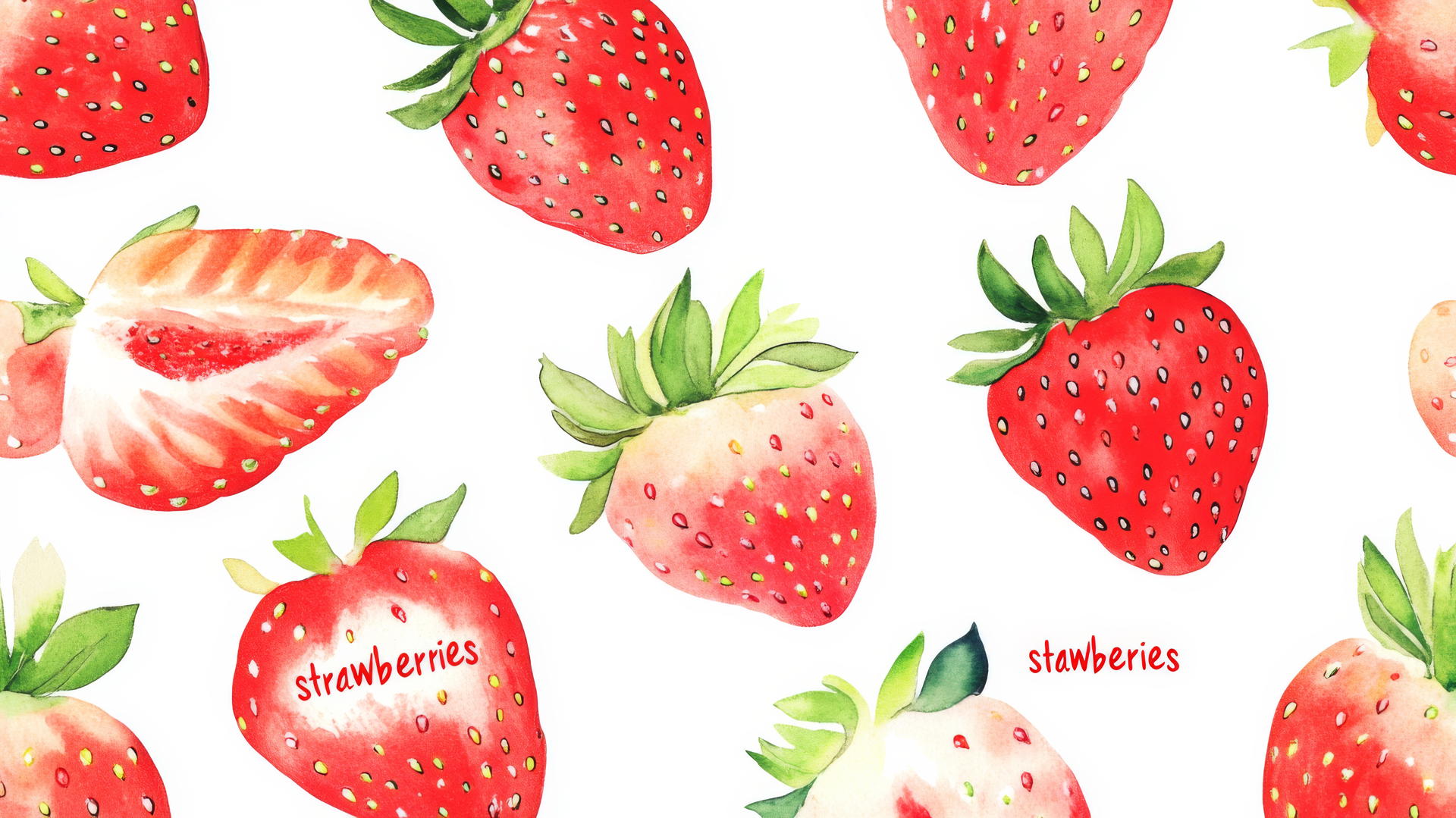 preppy wallpaper with minimalist strawberry pattern and red 'strawberries' text on white background