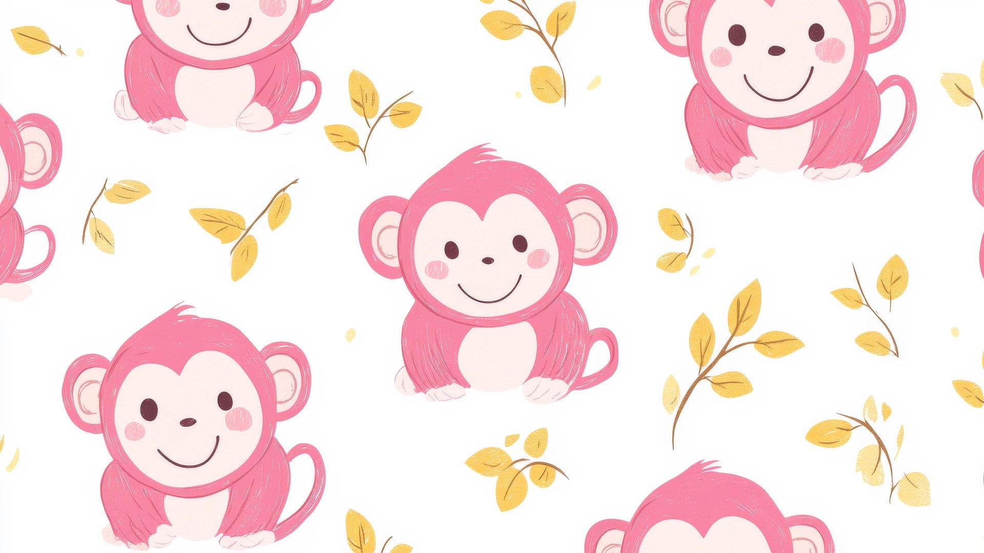 preppy wallpaper with pink cartoon monkeys and yellow leaves on white background