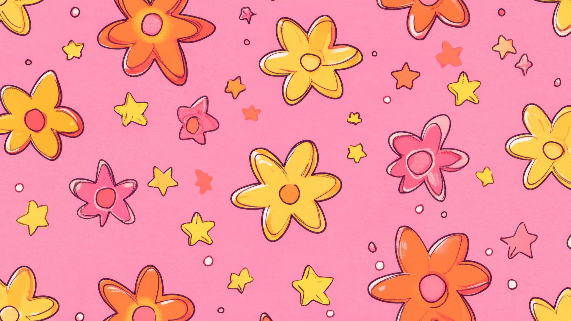 pink preppy wallpaper with hand-drawn stars and flowers in pink, yellow, and orange on pastel pink background