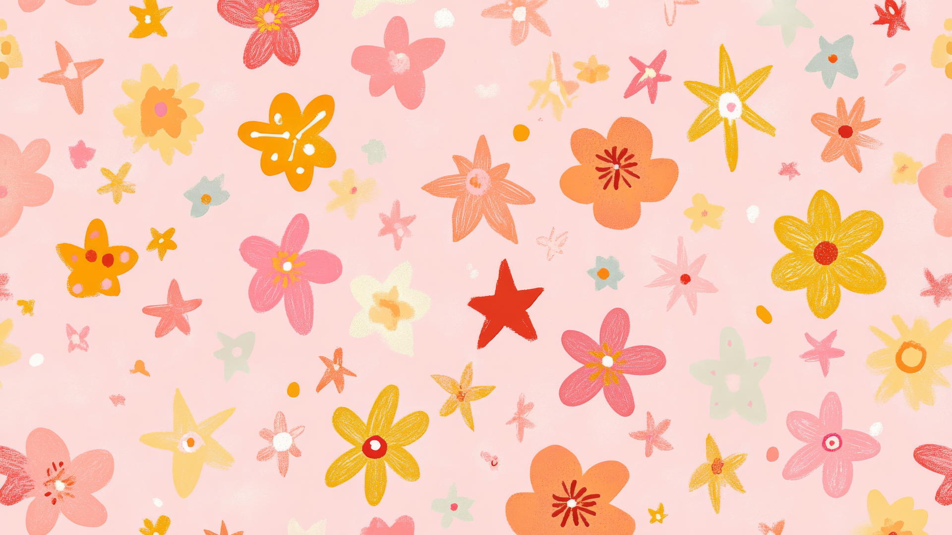 pink preppy wallpaper with hand-drawn stars and flowers in pink, yellow, and orange on a pastel pink background.