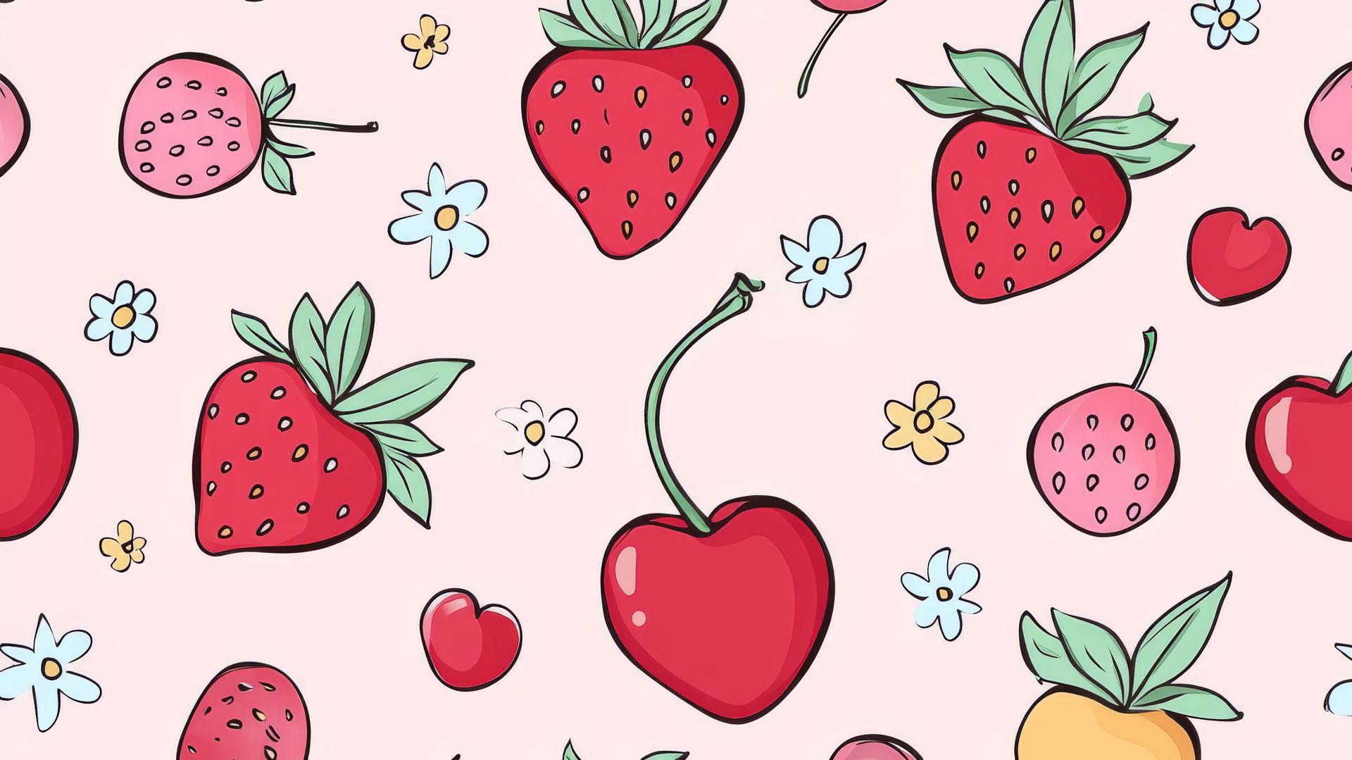 preppy wallpaper with cute doodles of strawberries, cherries, and flowers on a light pink background