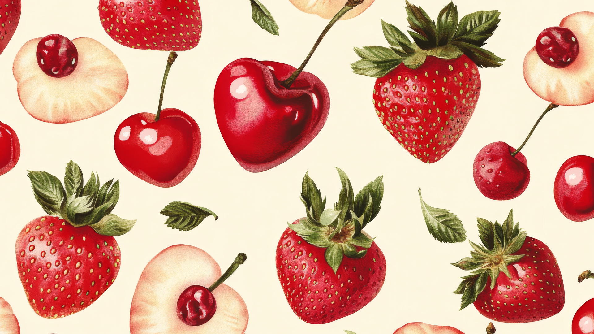 preppy wallpaper with elegant strawberries and cherries on cream background