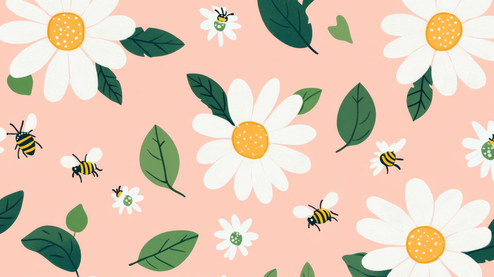 Cartoon style preppy wallpaper with white daisies, green leaves, tiny bees on pastel pink background