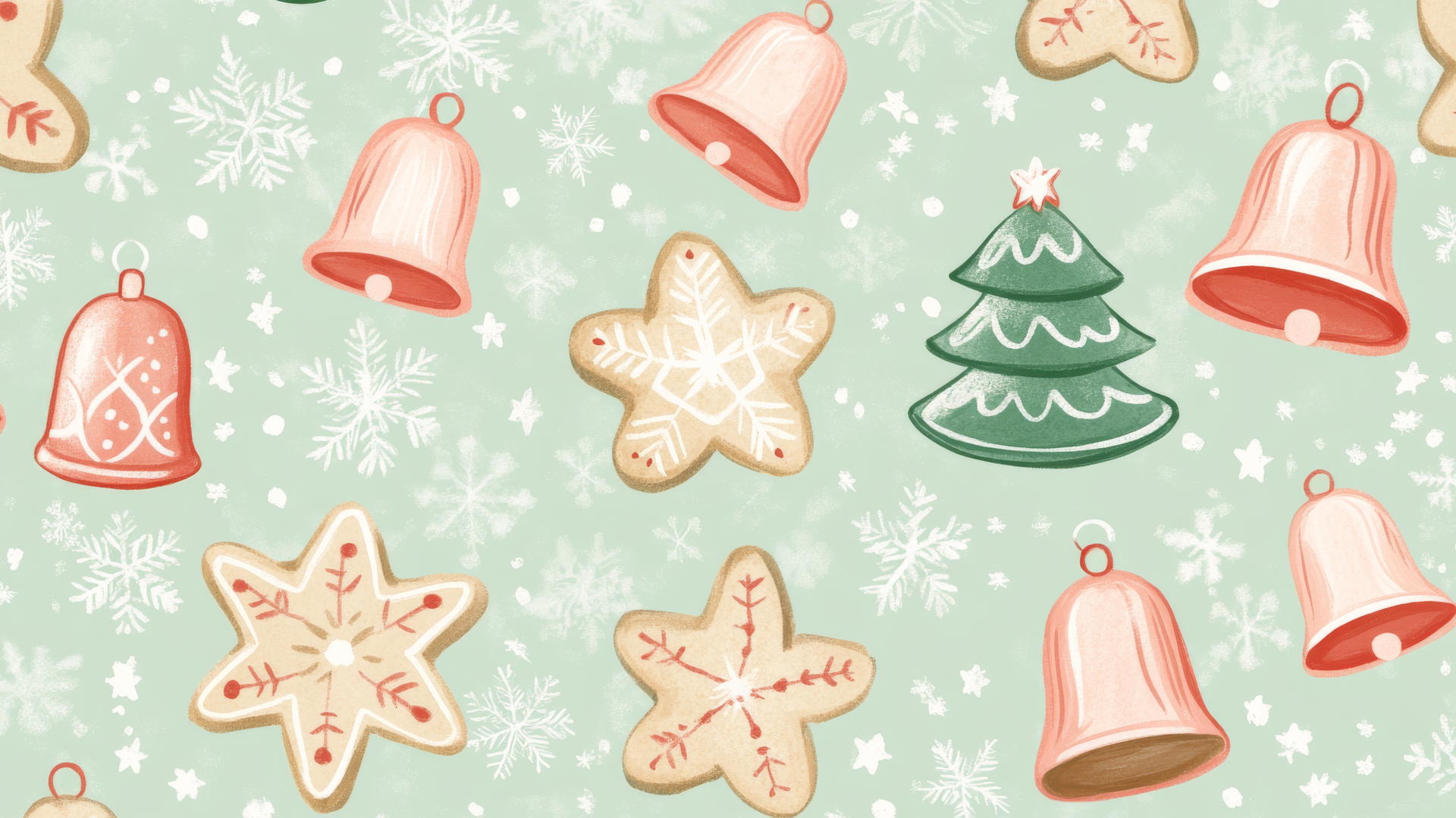 preppy Christmas wallpaper with cookies and bells in pastel colors, light green background