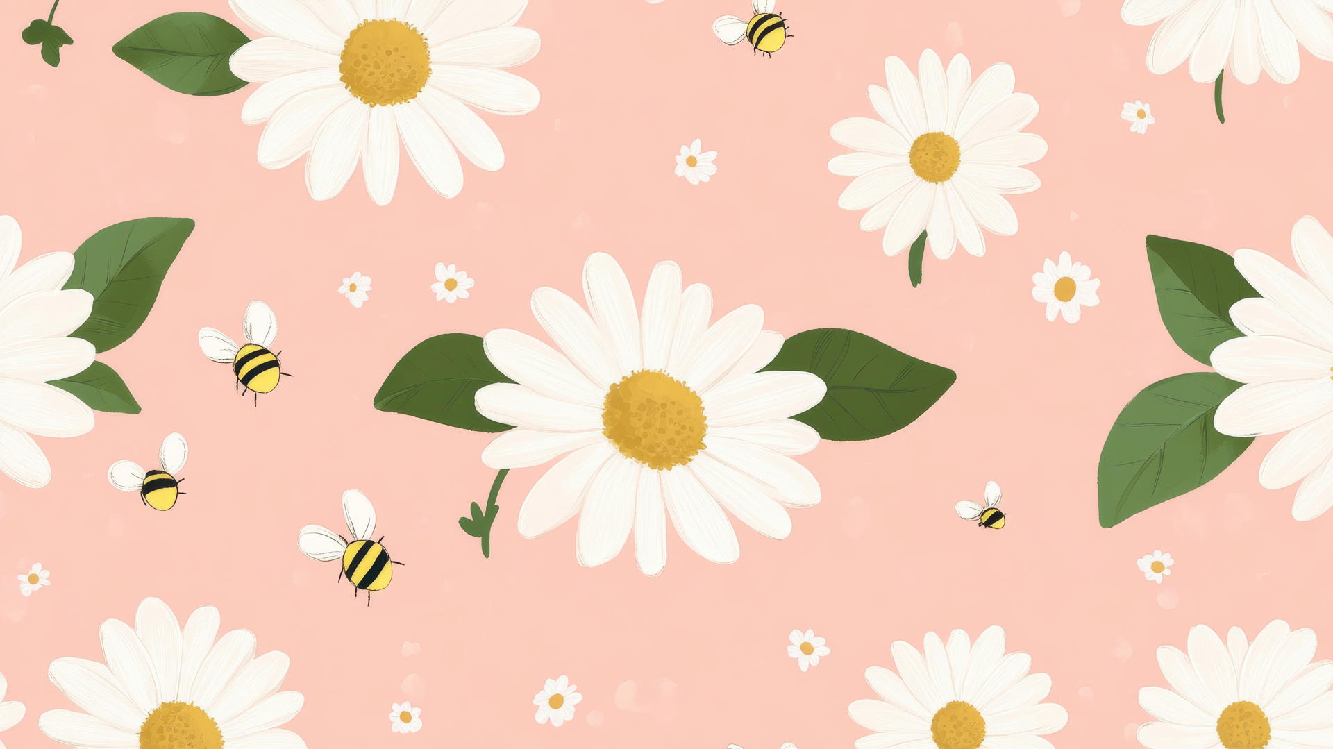 pink preppy wallpaper with white daisies, green leaves, and tiny bees