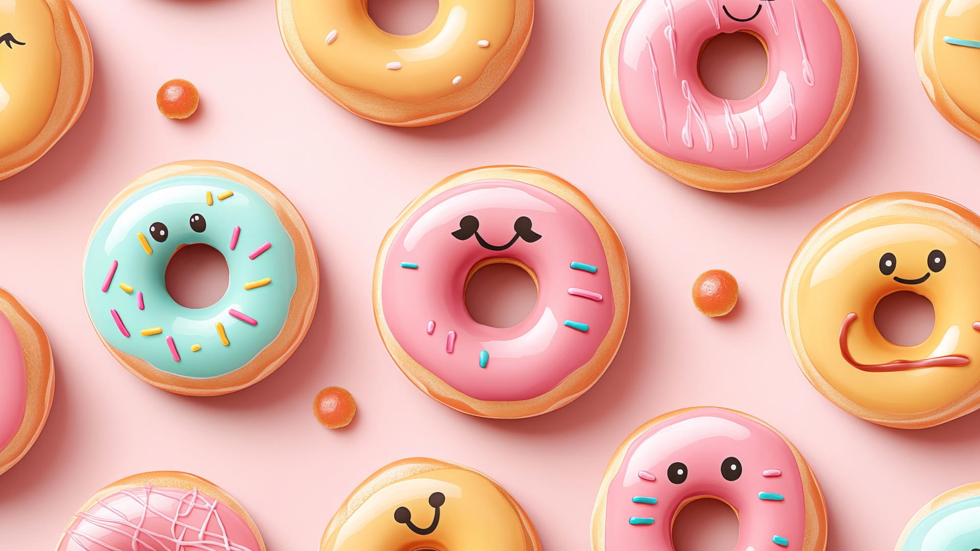 pink preppy wallpaper with smiley face donuts on light pink background