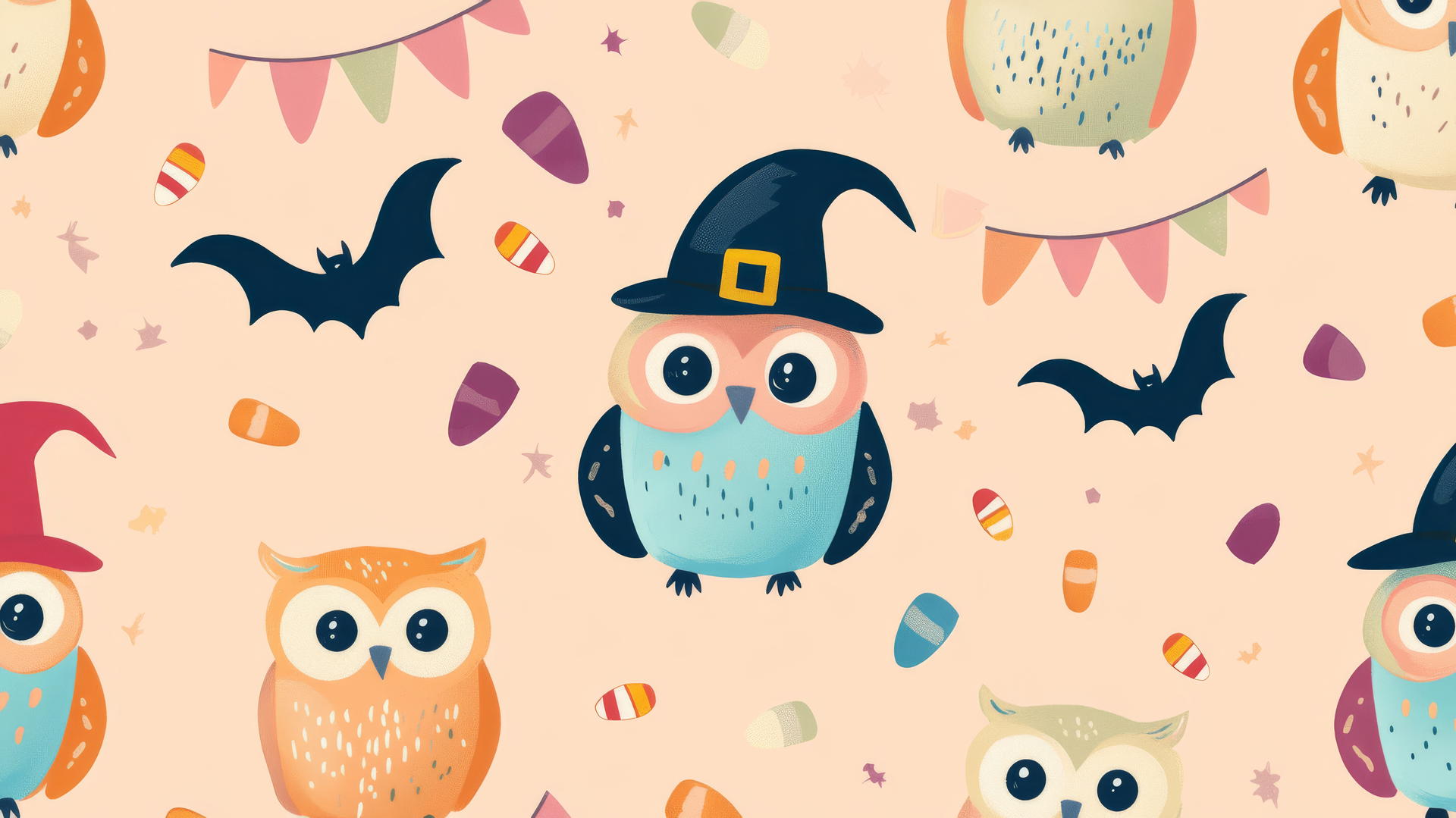 halloween preppy wallpaper with pastel-colored owls in witch hats, cheerful bats, and candy corn garlands on a pastel peach background