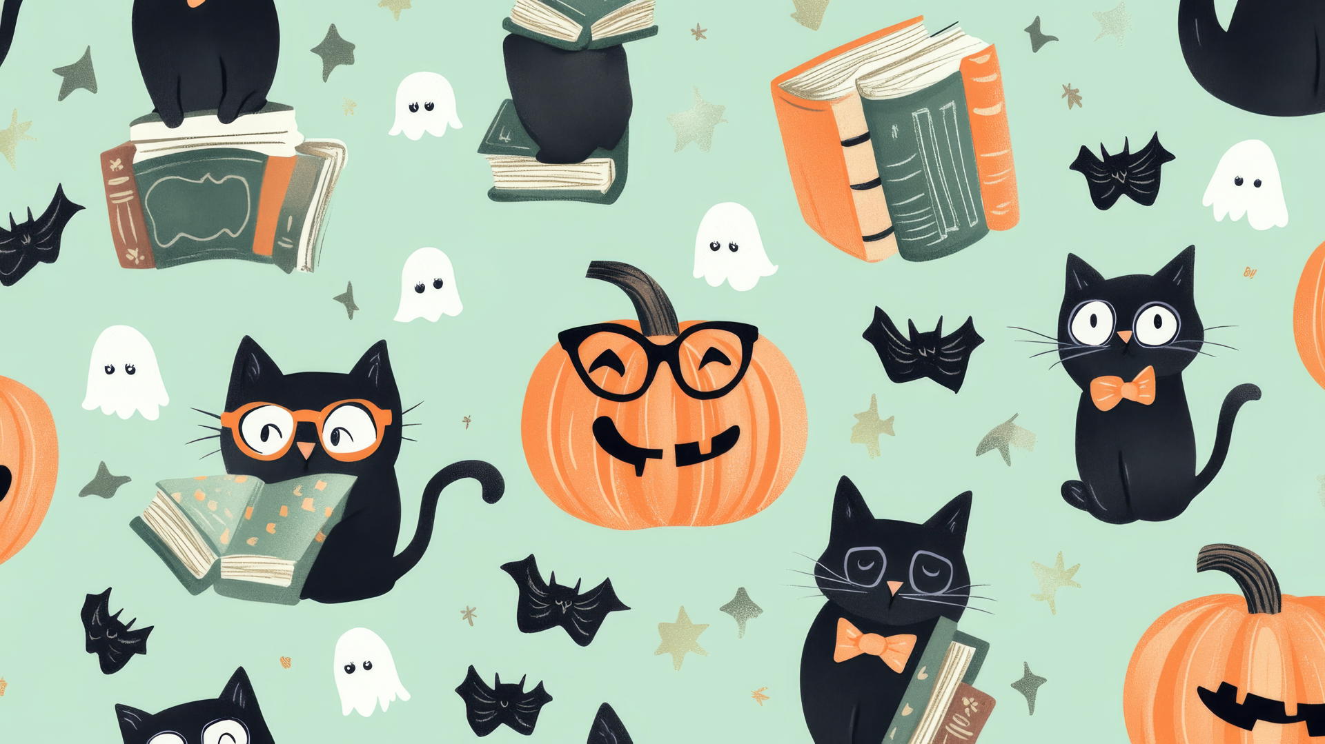 Playful halloween preppy wallpaper with pumpkins, ghosts, and black cats on pastel mint green background