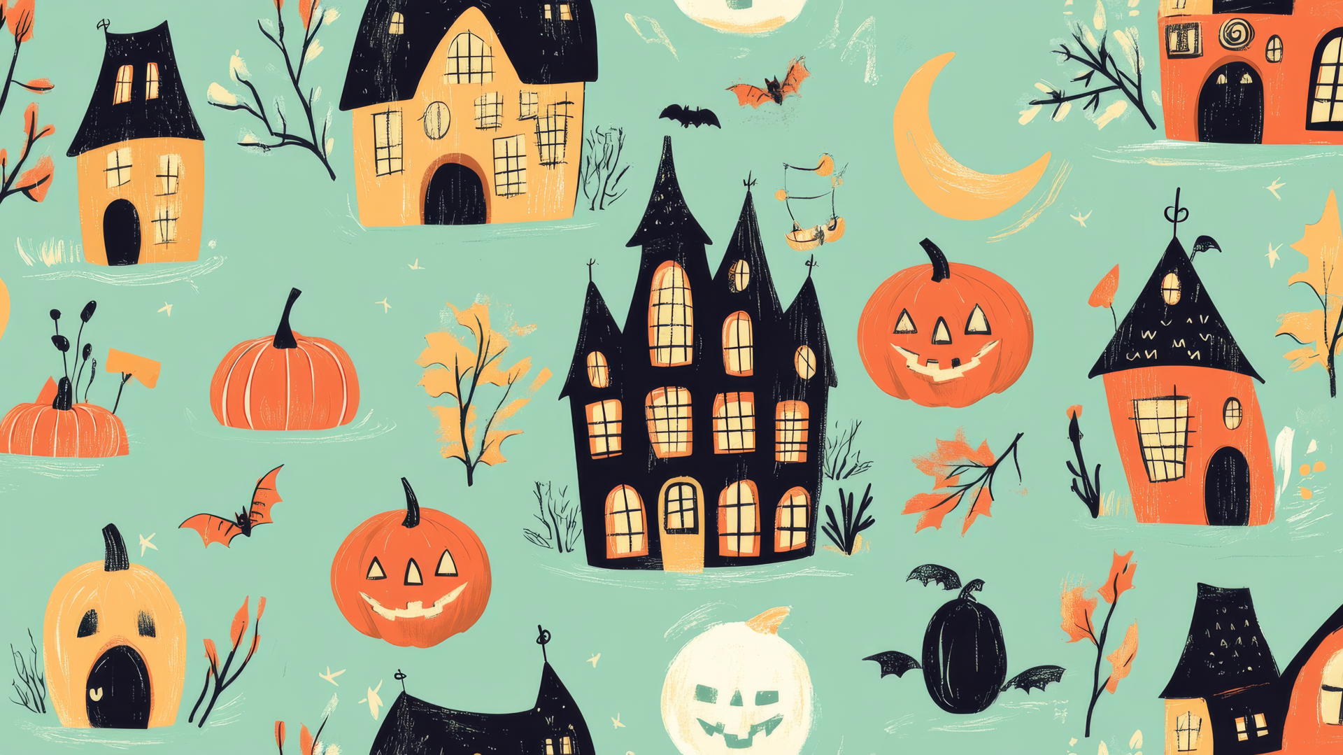 halloween wallpaper preppy with playful pumpkins, haunted houses, and crescent moons on pastel mint green