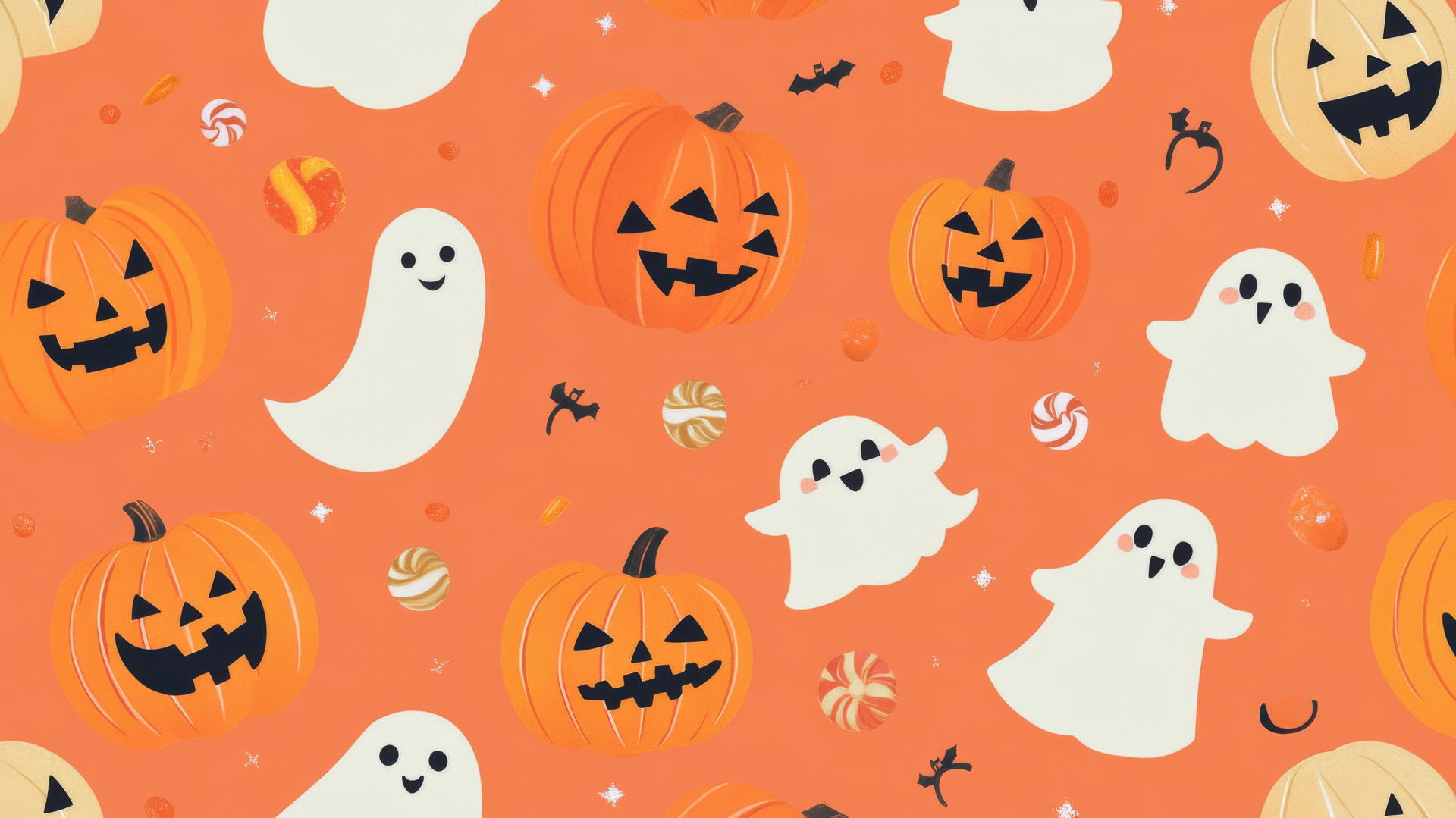 preppy wallpaper halloween with jack-o'-lanterns, ghosts, and candy on pastel orange
