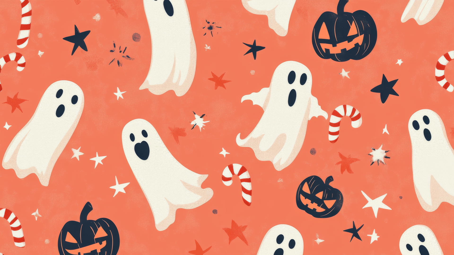 preppy halloween wallpaper with retro ghosts, candy canes, and stars on pastel coral background
