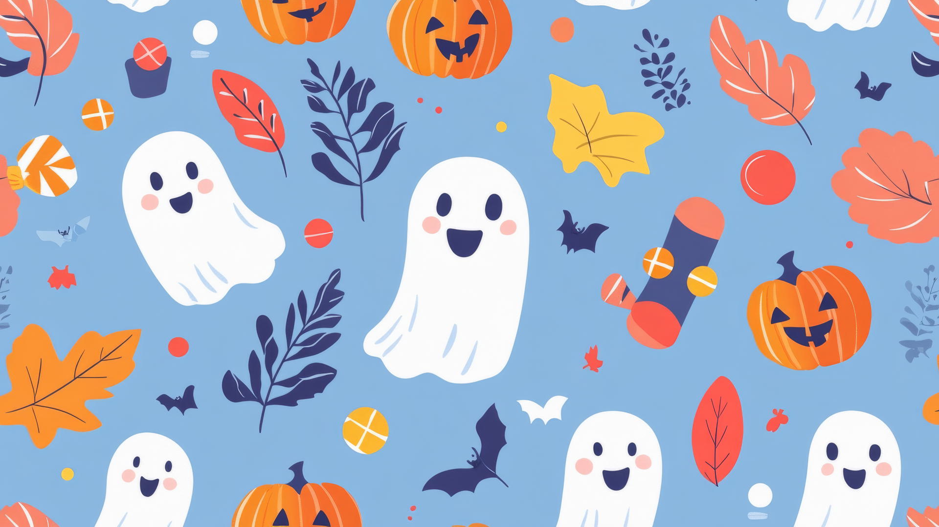 preppy halloween wallpaper with cute ghosts, candy, and autumn leaves on pastel blue background