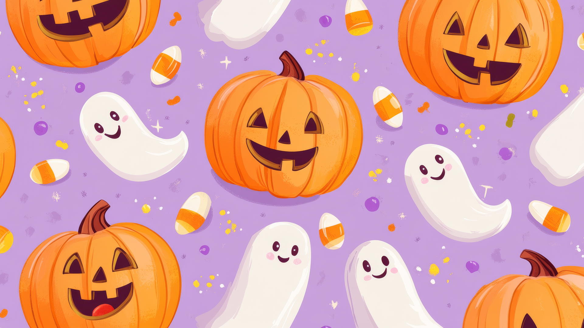 preppy halloween wallpaper with cute pumpkins, white ghosts, candy corn on pastel purple