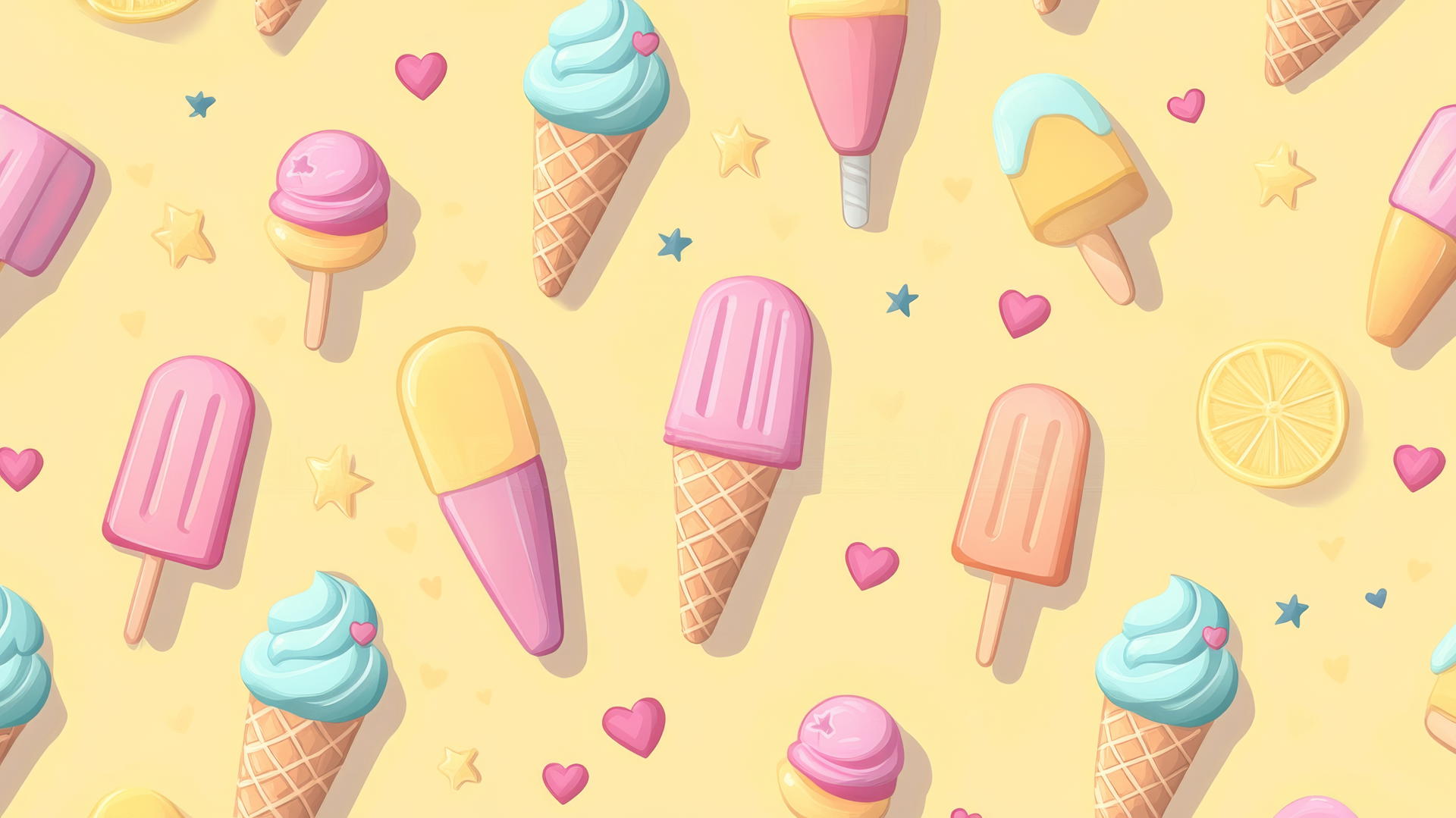 preppy summer wallpaper with pastel ice cream cones, popsicles, lemonades, hearts, and stars on a soft yellow background