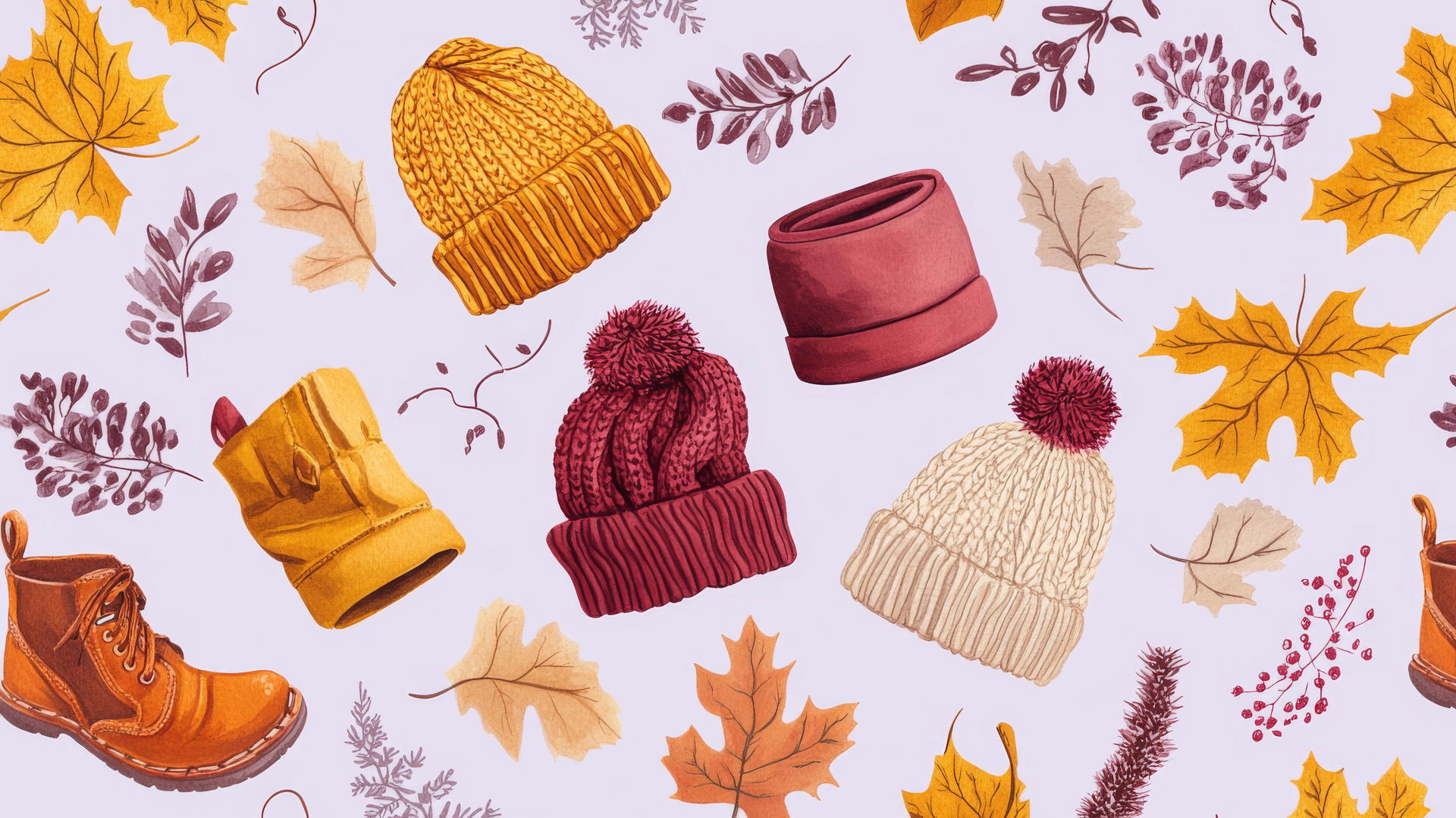 preppy autumn wallpaper with cozy accessories on pastel purple
