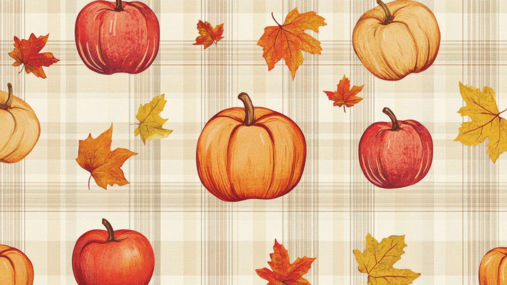 preppy autumn wallpaper with warm-toned plaid and small autumn motifs