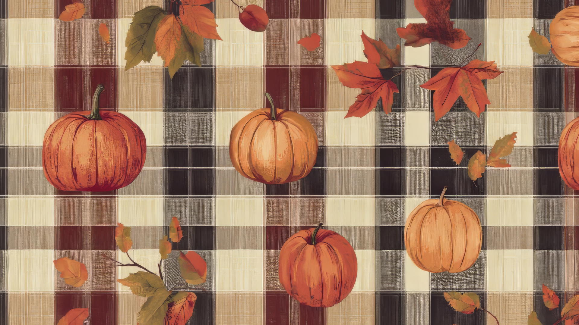 Preppy autumn wallpaper with warm-toned plaid, apples, pumpkins, and fall leaves