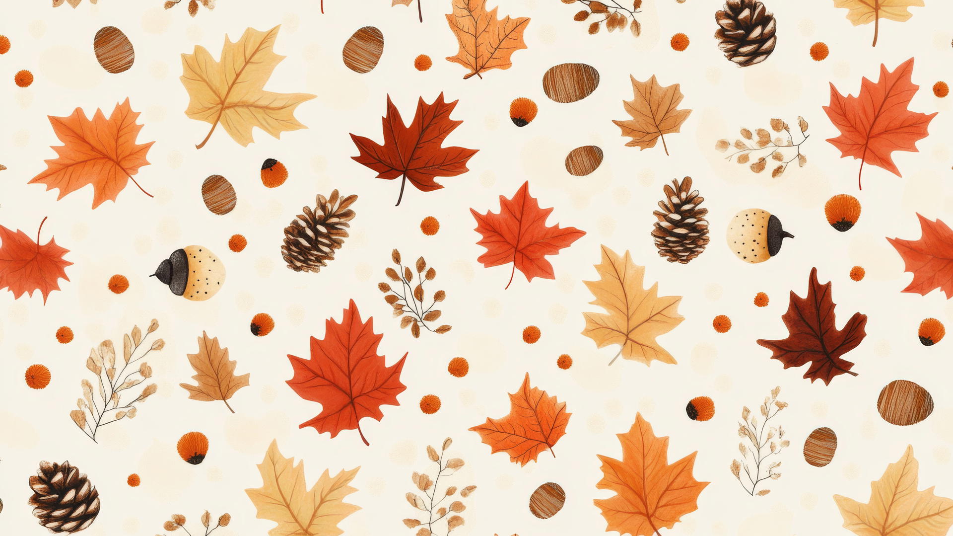 preppy autumn wallpaper with cute leaves, acorns, pinecones on beige background