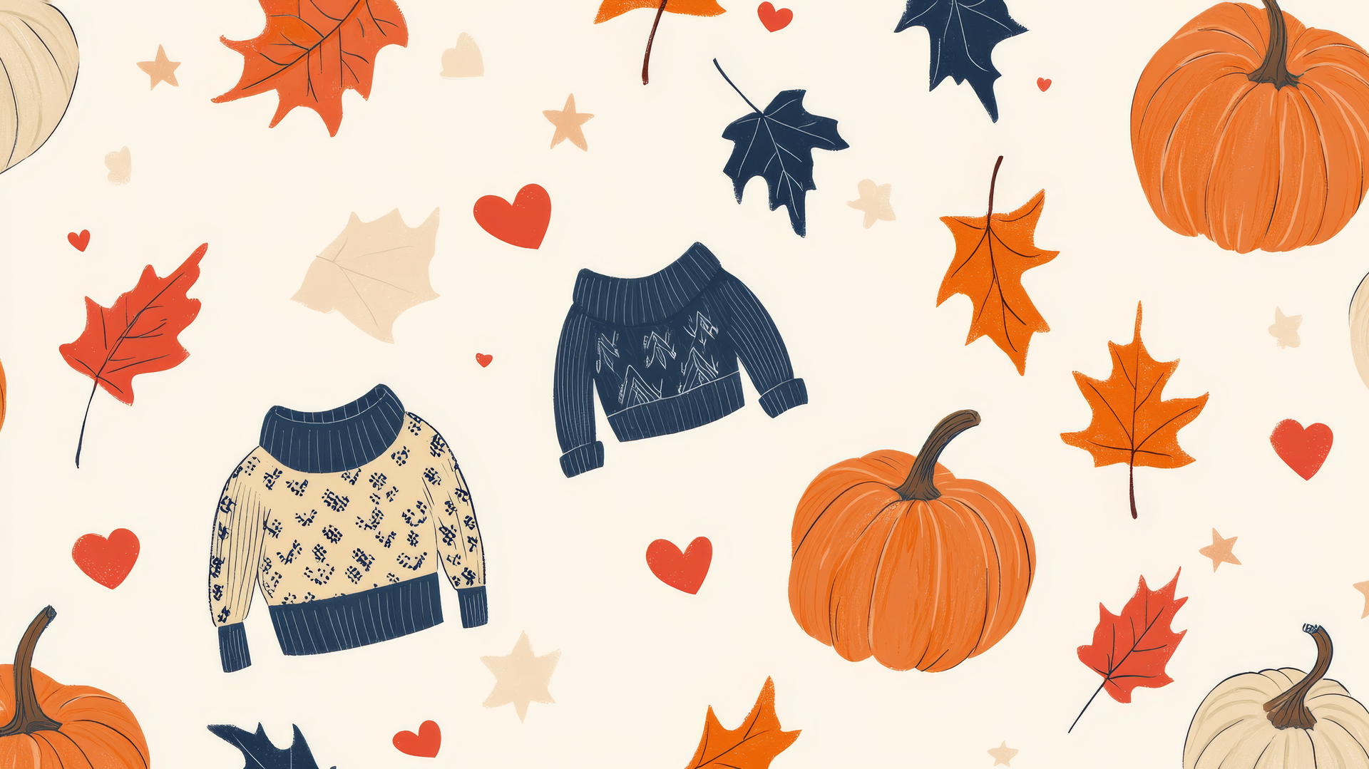 preppy fall wallpaper with hand-drawn postcards featuring leaves, pumpkins, cozy sweaters on cream background