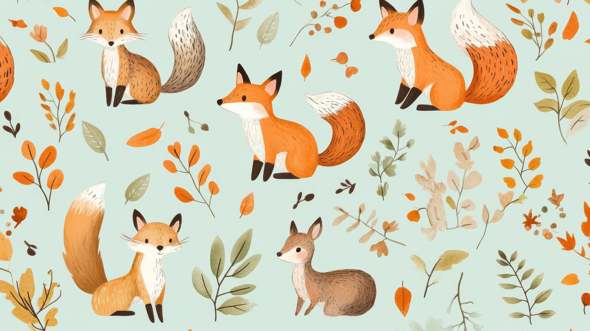 preppy fall wallpaper with hand-drawn foxes, squirrels, deer, and fall foliage on mint green