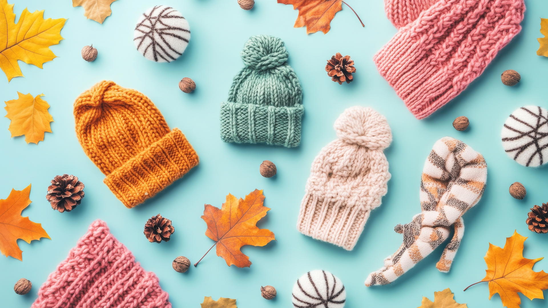 preppy fall wallpaper with cozy knit hats, mittens, and scarves on pastel teal