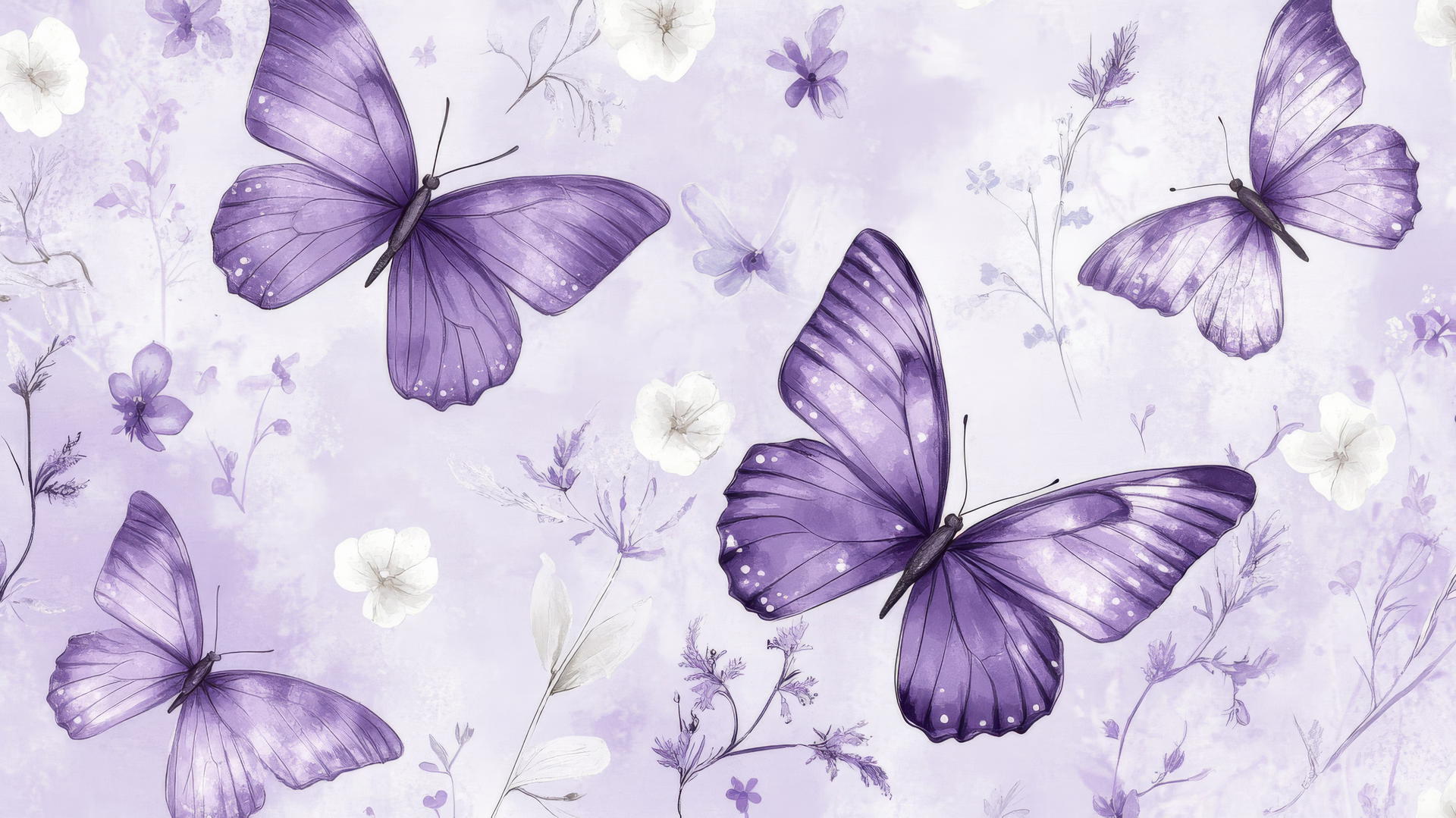 Purple preppy wallpaper with whimsical butterflies and delicate white flowers