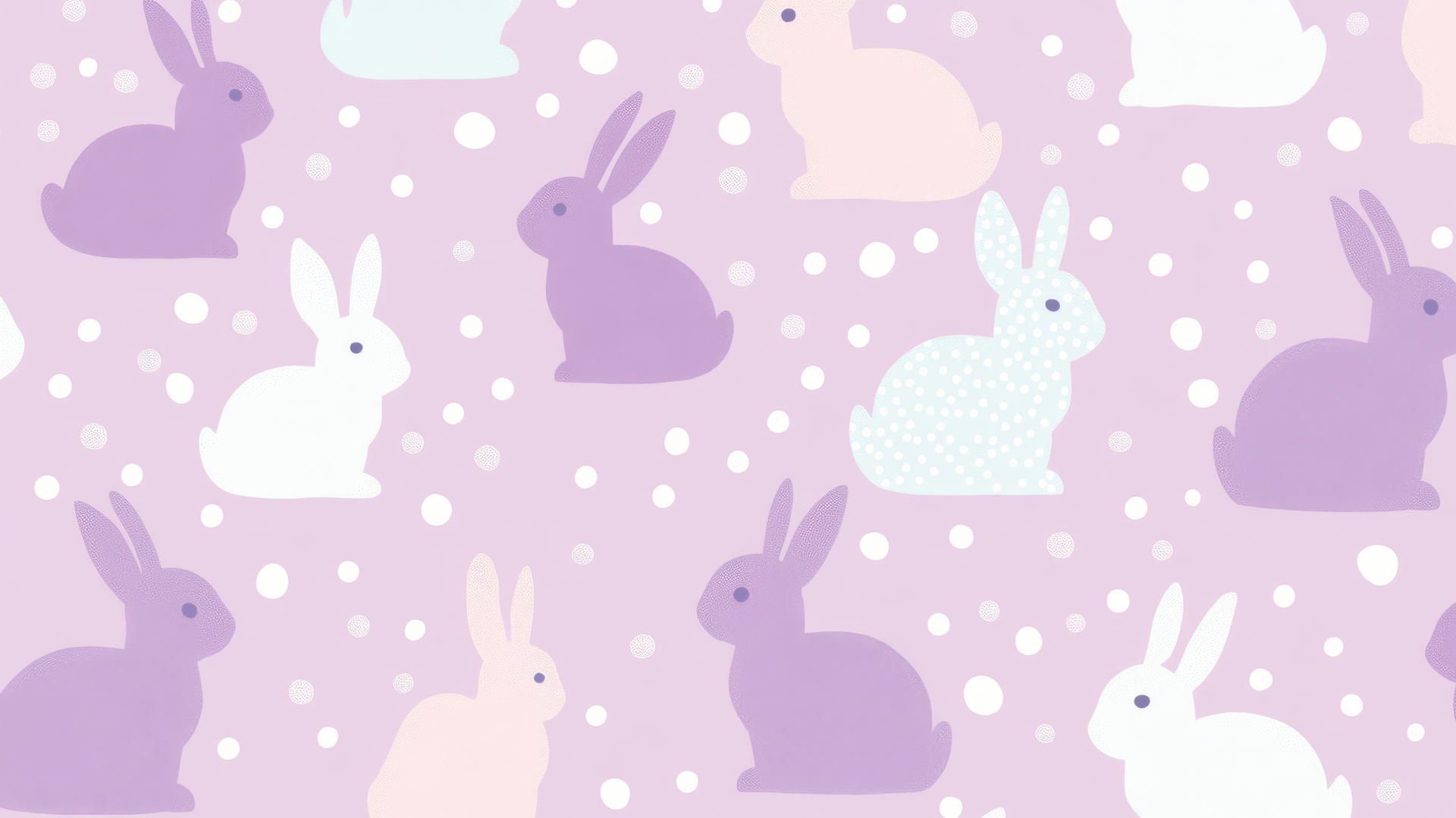 preppy easter wallpaper with bunny silhouettes in pastel colors, adorned with polka dots on lavender background