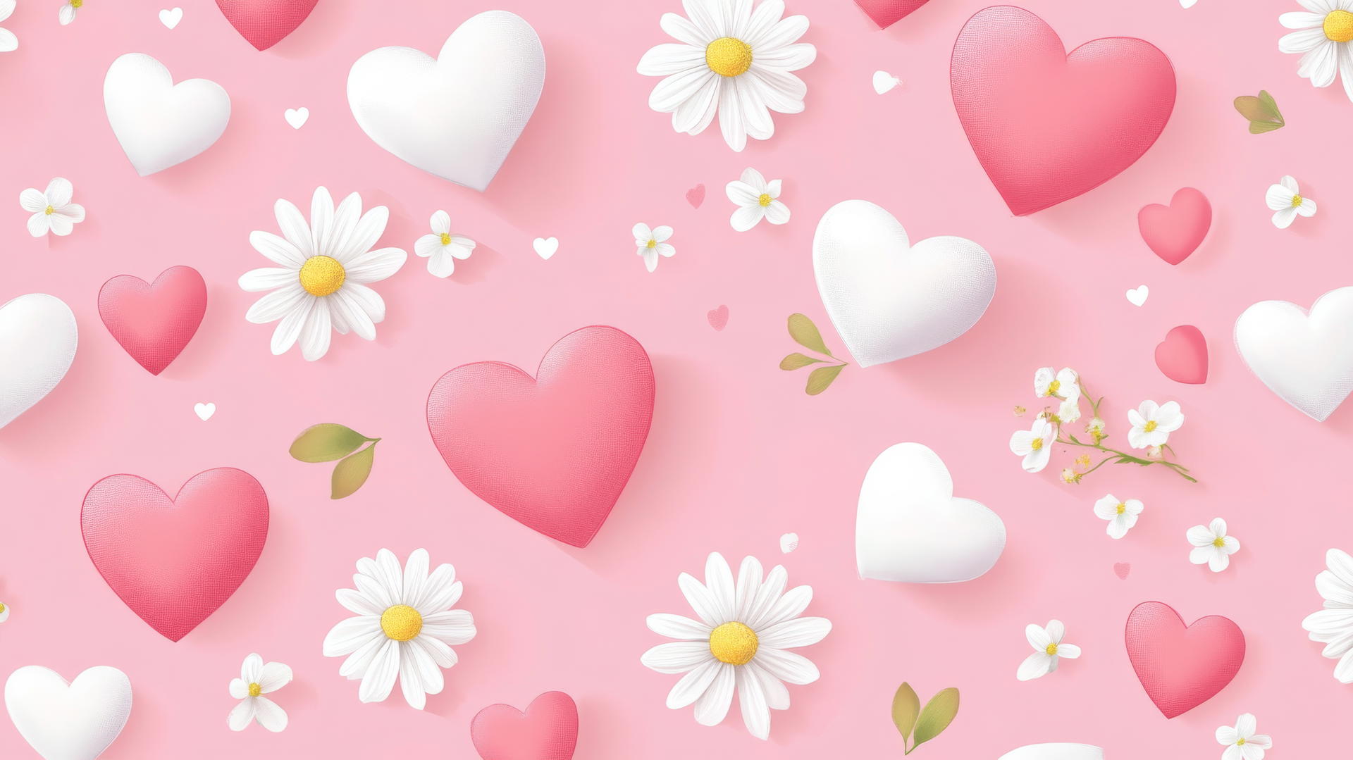 Preppy Valentines wallpaper with pink hearts and white daisies