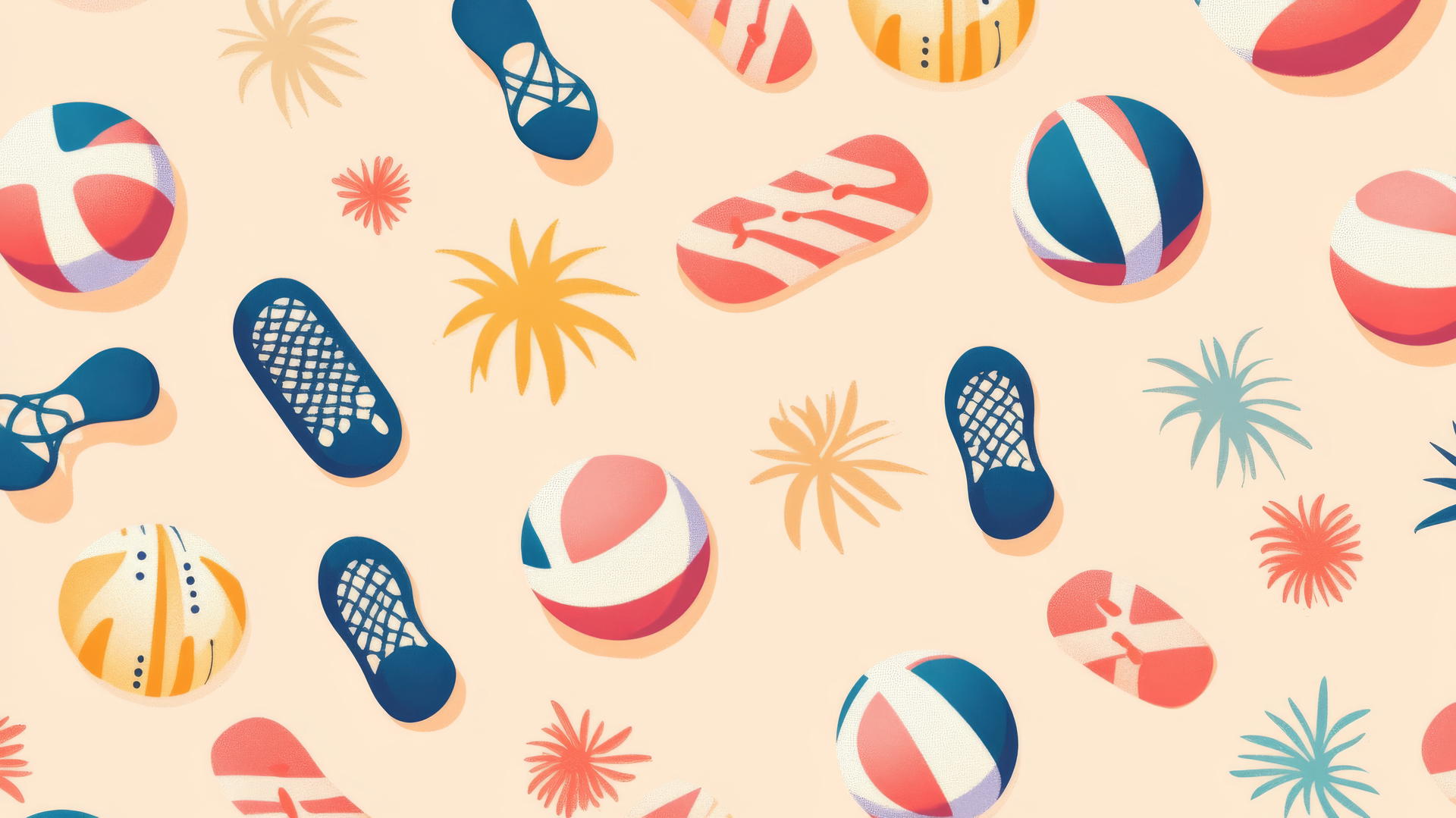 Preppy beach wallpaper with colorful volleyballs, nets, and flip-flops on peach background.