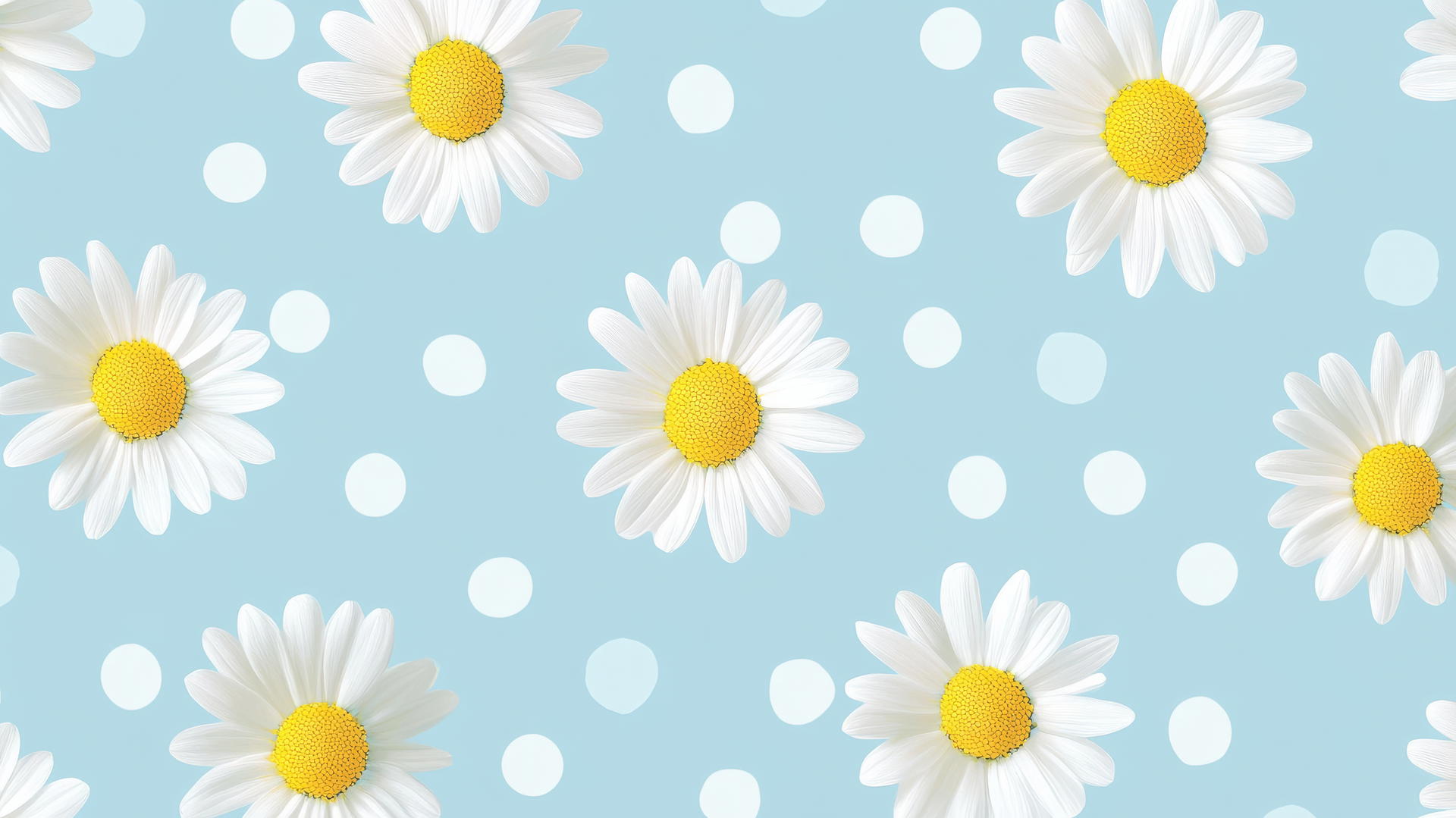 preppy blue wallpaper with light blue polka dots and white daisies on pastel blue background.