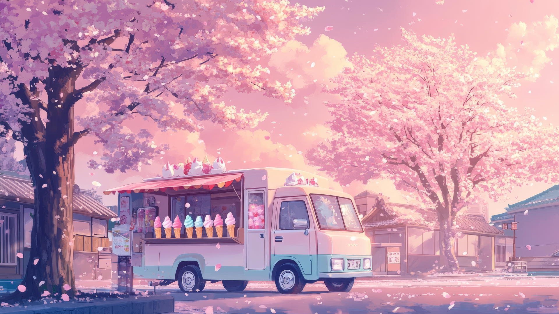 cute wallpapers for girls aesthetic, pastel ice cream truck with kawaii cones, cherry blossom tree