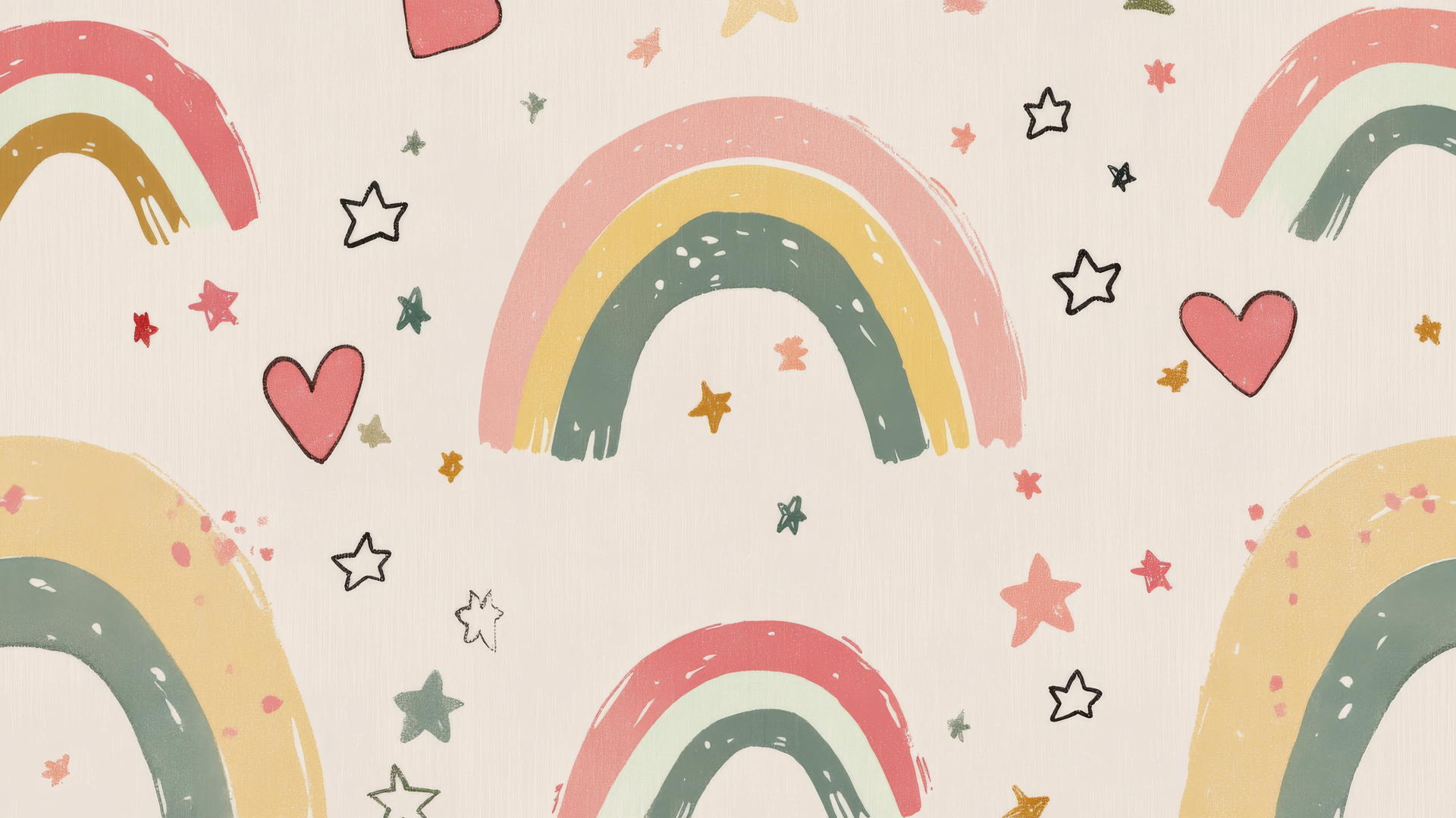 cute wallpapers aesthetic with pastel rainbow arches, stars, and hearts on a beige background