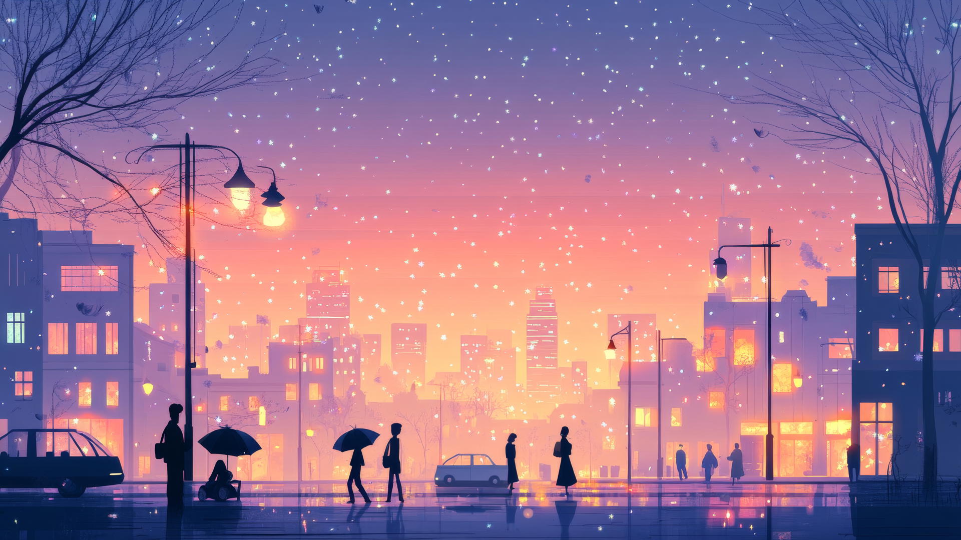 cute aesthetic wallpaper of pastel cityscape at dusk with glowing windows, cars, and people with umbrellas