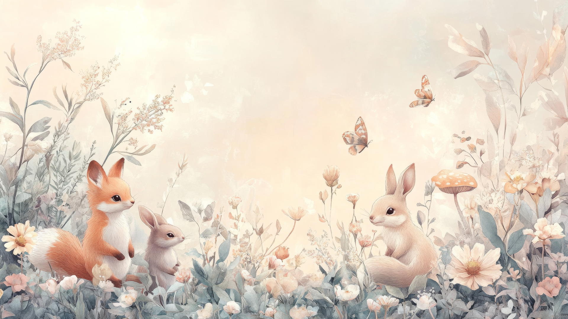 cute wallpapers: pastel-colored forest with tiny animals and flowers