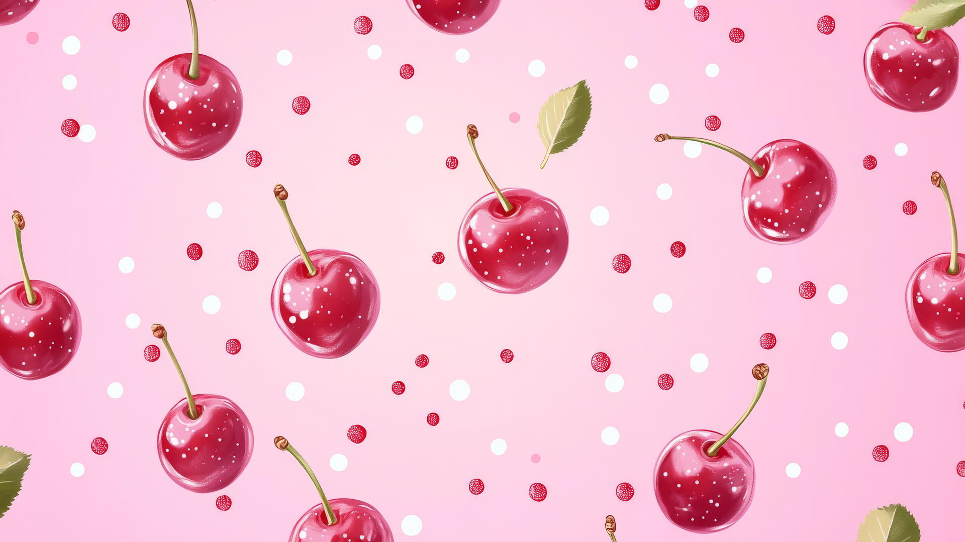 cute hot pink wallpaper with cartoon-style cherries and tiny polka dots