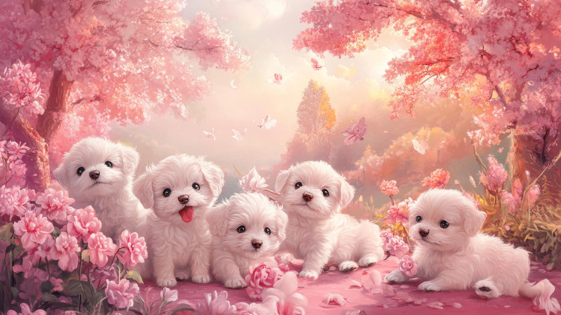 pink cute puppy wallpaper with puppies playing in a park, pastel flowers and trees