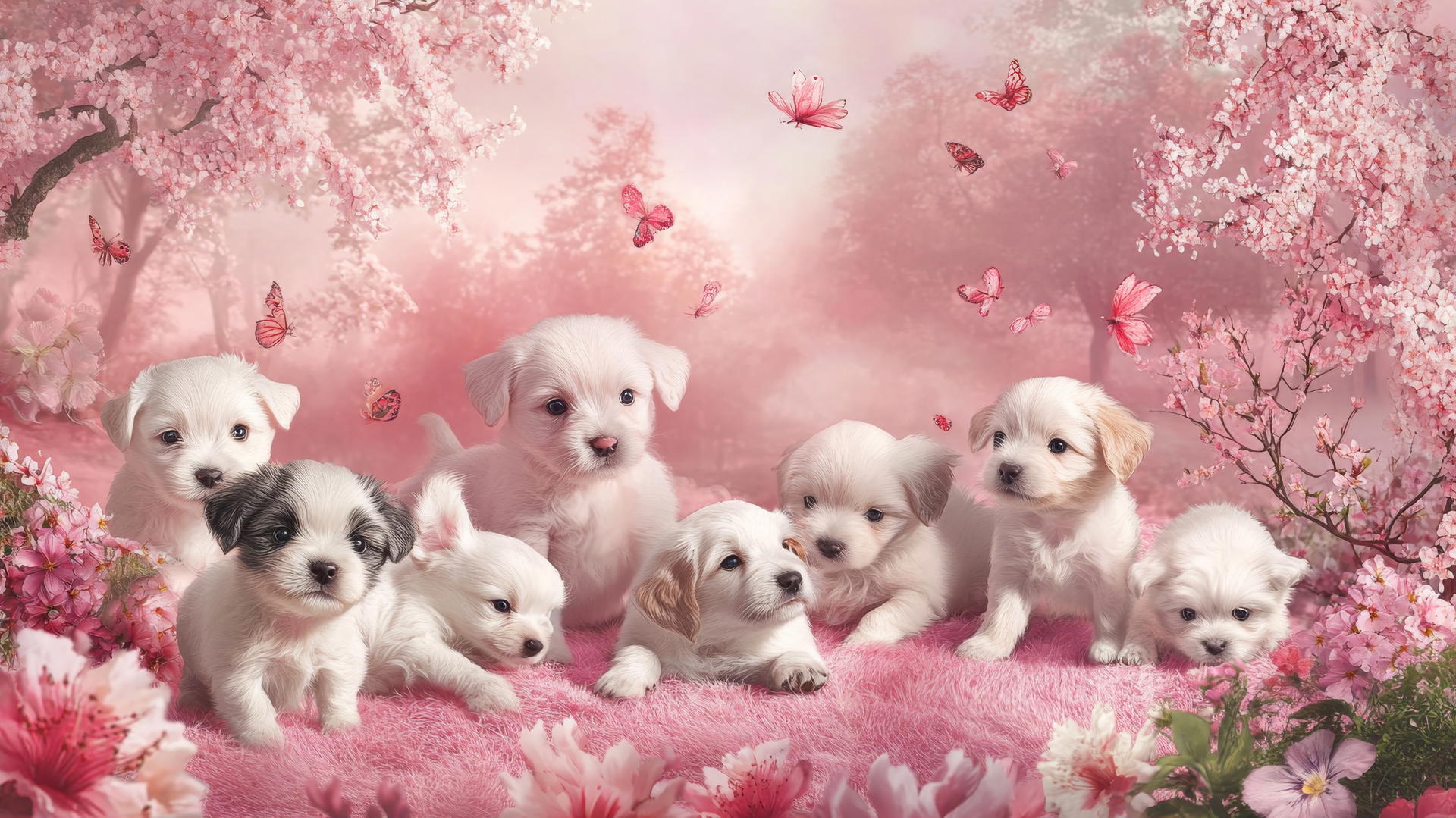 pink cute puppy wallpaper with puppies playing in a park, pastel flowers, and trees