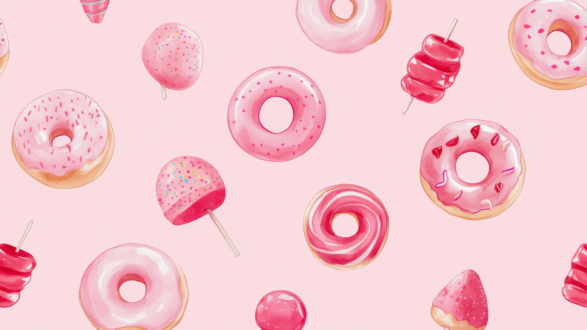 cute pink wallpaper with hand-drawn sweets like donuts and candy