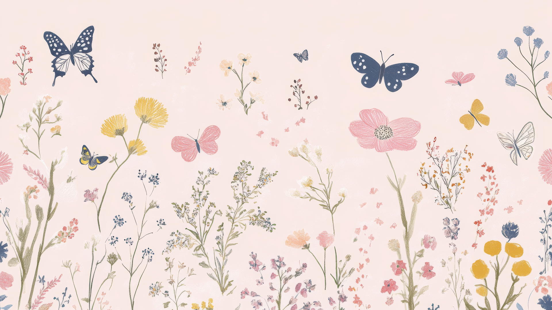 Cute pink wallpaper with hand-drawn flowers and butterflies.