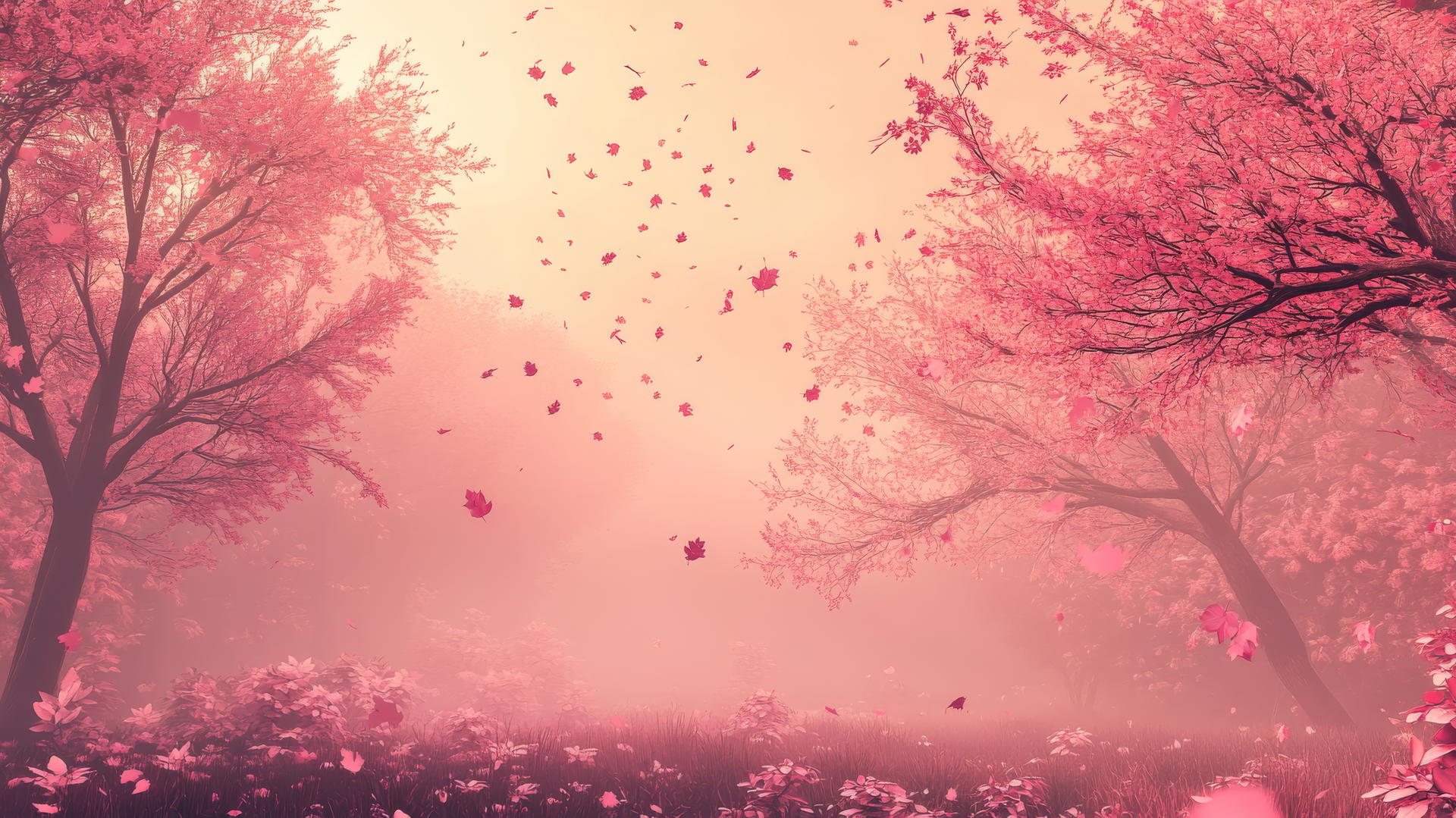 Pink aesthetic wallpaper with autumn scene, pink leaves falling, soft pink sky.